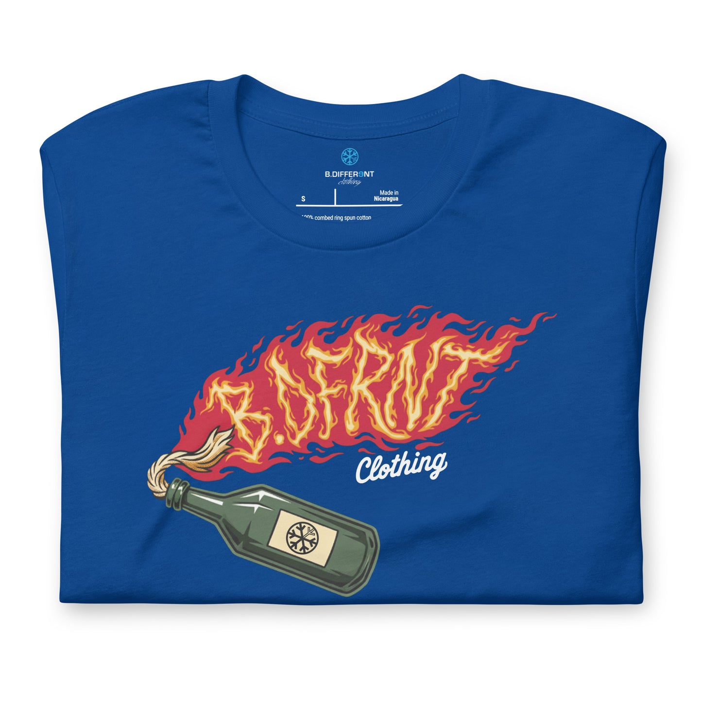 Blue-Molotov Graffiti Tee from B.Different Clothing, folded, graffiti-inspired streetwear t-shirt