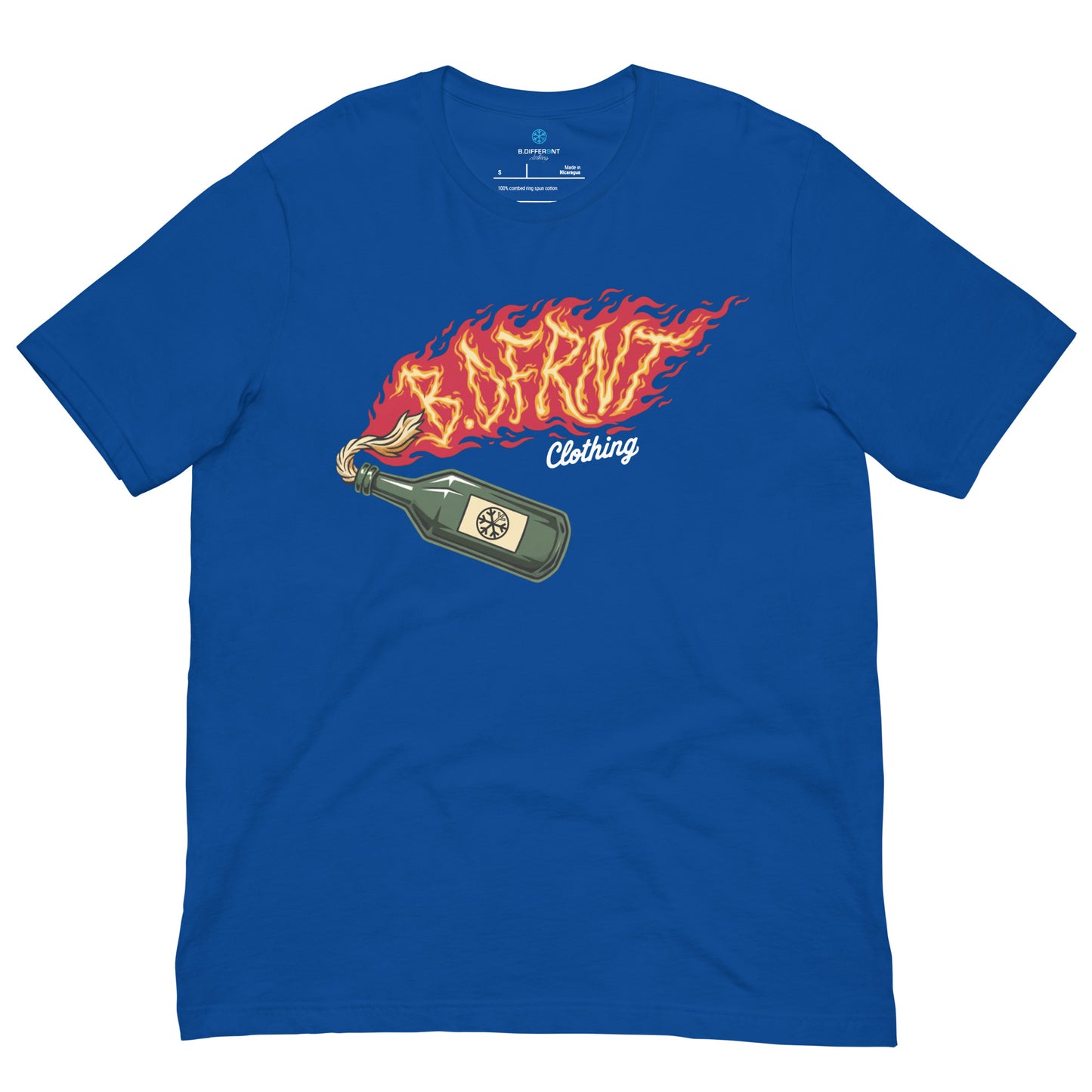 Blue-Molotov Graffiti Tee from B.Different Clothing, front view, graffiti-inspired streetwear t-shirt