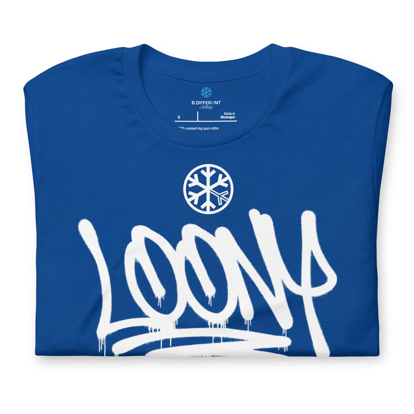 Blue-Loony Graffiti Tag Tee from B.Different Clothing, folded, graffiti-inspired streetwear t-shirt