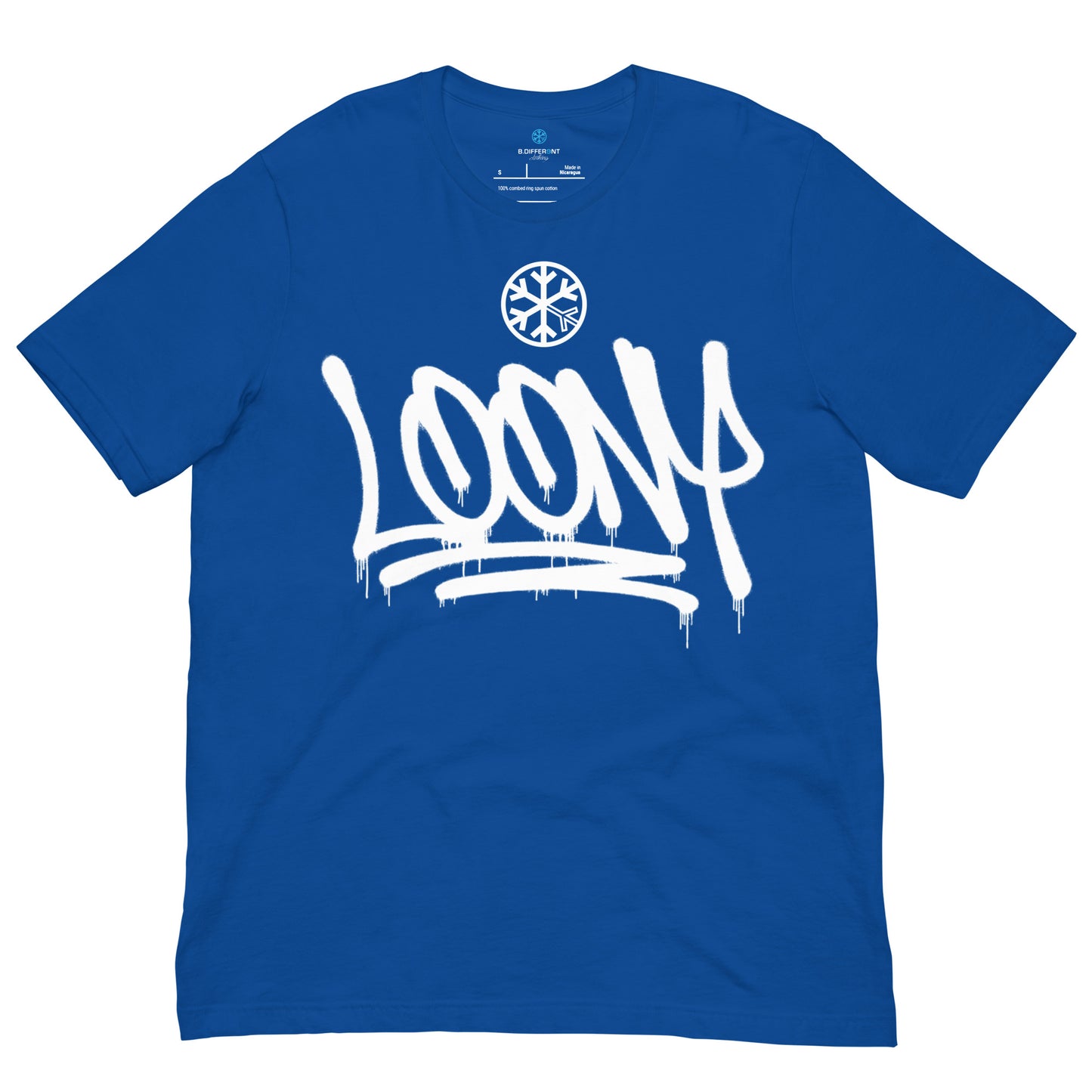 Blue-Loony Graffiti Tag Tee from B.Different Clothing, front view, graffiti-inspired streetwear t-shirt