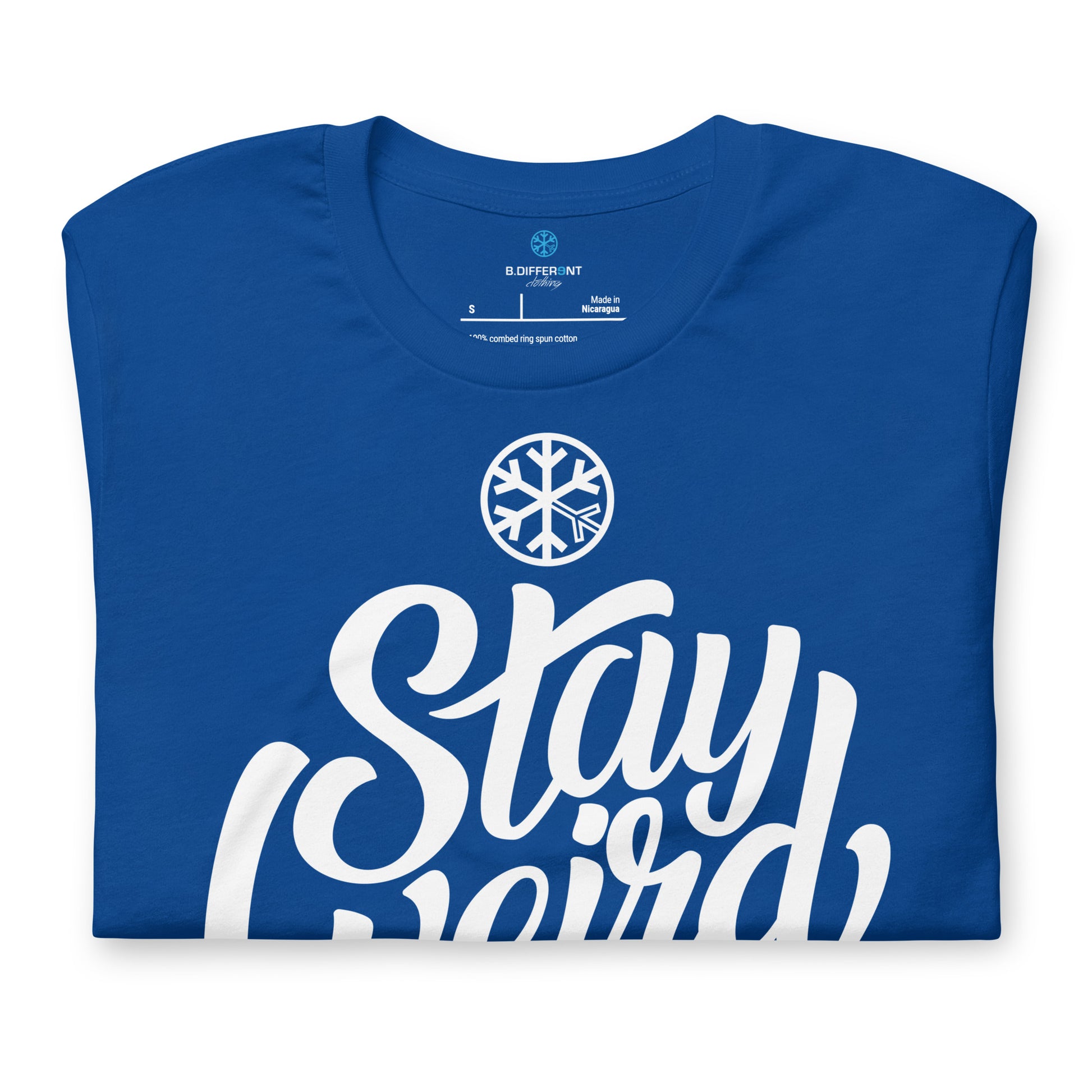 Blue-Stay Weird Tee from B.Different Clothing, folded, graffiti-inspired streetwear t-shirt