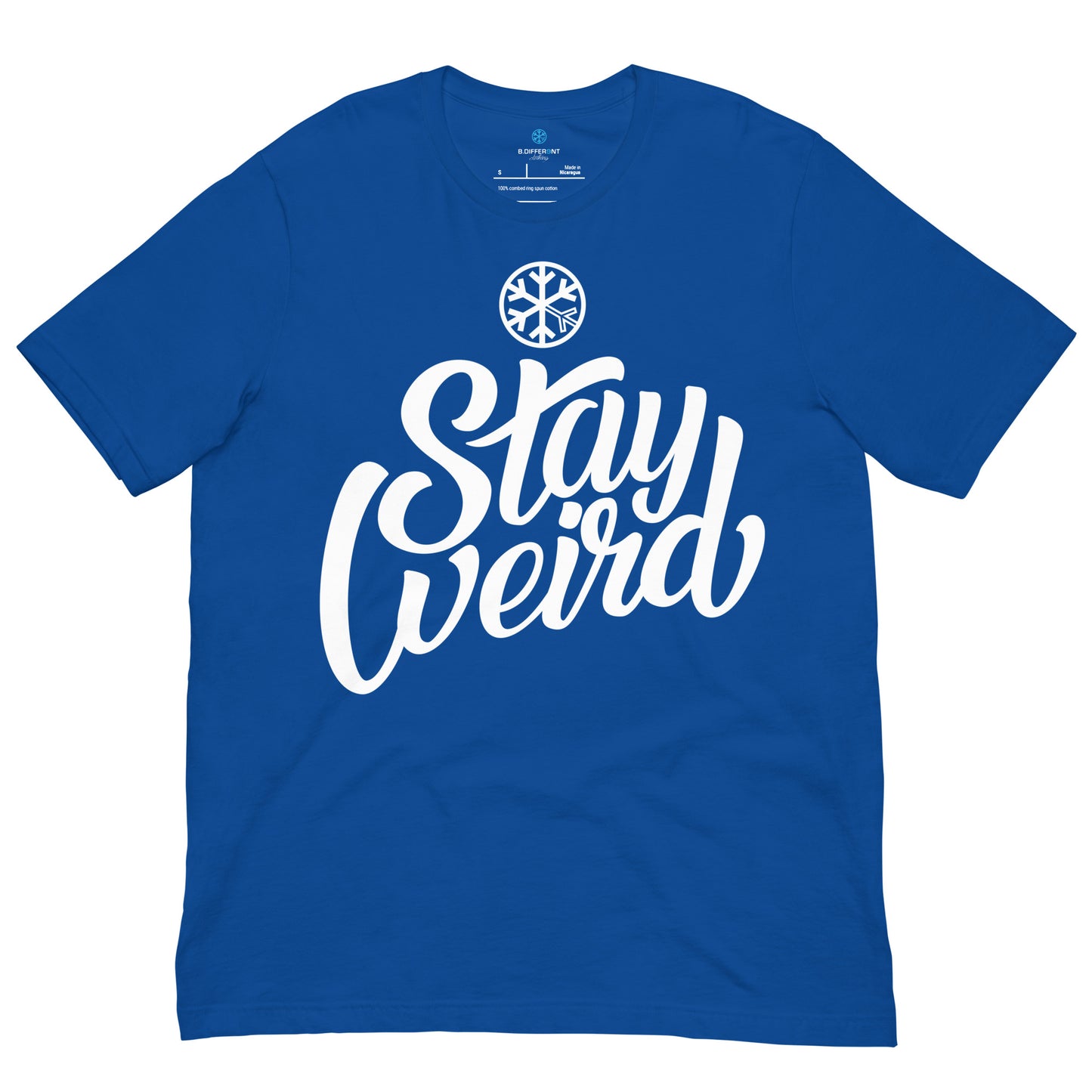 Blue-Stay Weird Tee from B.Different Clothing, front view, graffiti-inspired streetwear t-shirt