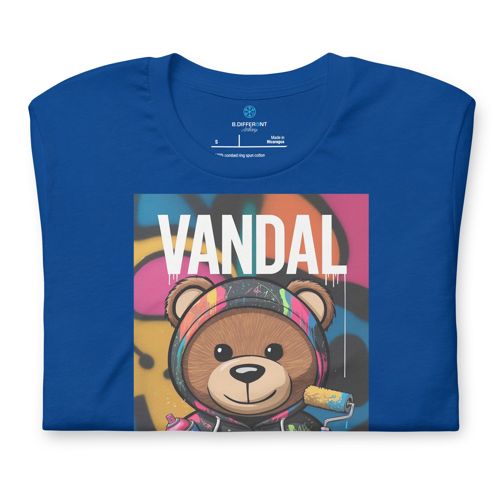 Blue-Vandal Teddy Bear Graffiti Tee from B.Different Clothing, folded, graffiti-inspired streetwear