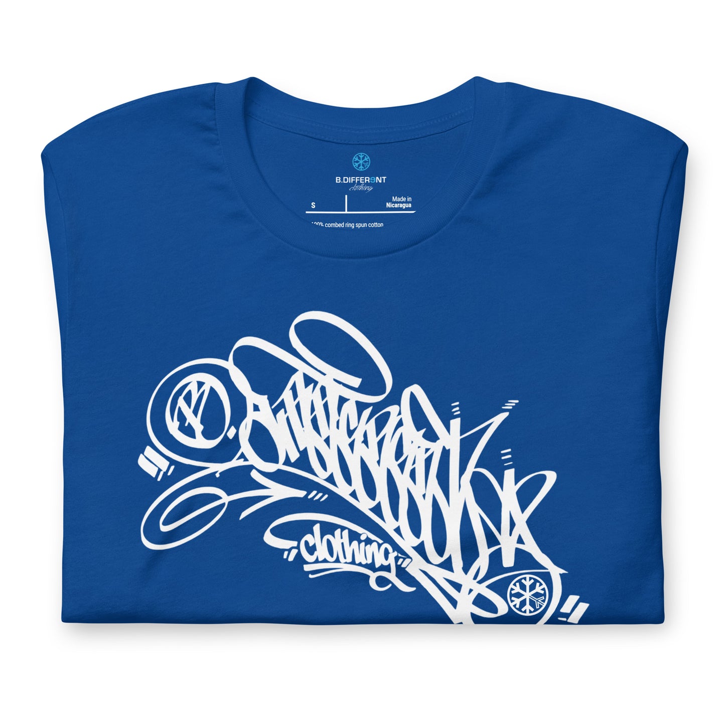Blue-B.Different Clothing Graffiti Tag Tee from B.Different Clothing, folded, graffiti-inspired streetwear t-shirt