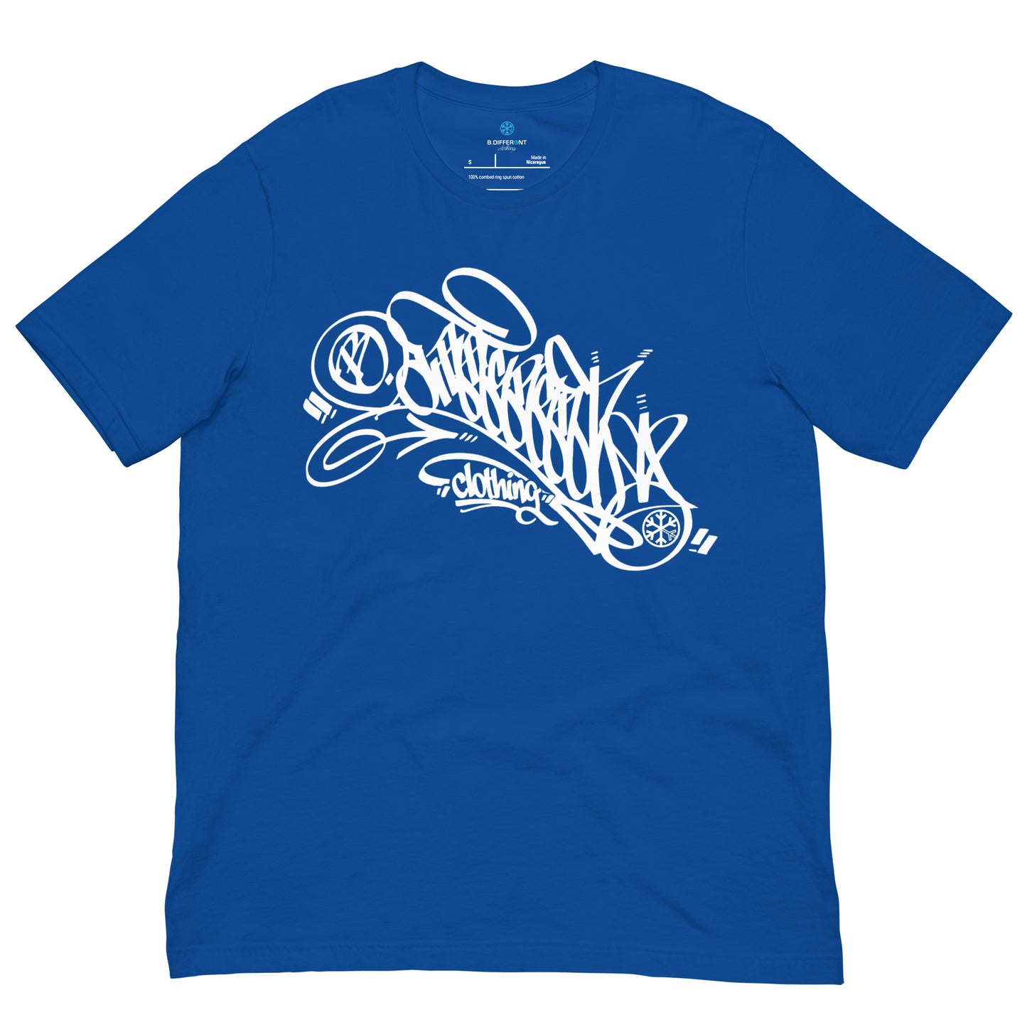 Blue-B.Different Clothing Graffiti Tag Tee from B.Different Clothing, front view, graffiti-inspired streetwear t-shirt