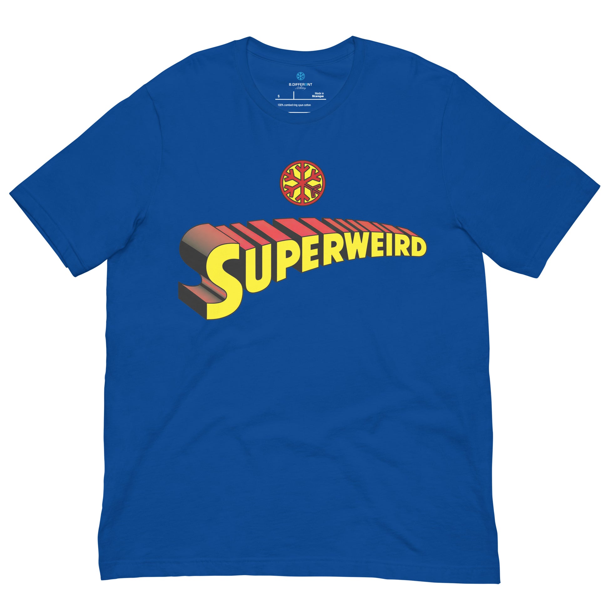 Blue-Superweird Tee from B.Different Clothing, front view, graffiti-inspired streetwear t-shirt
