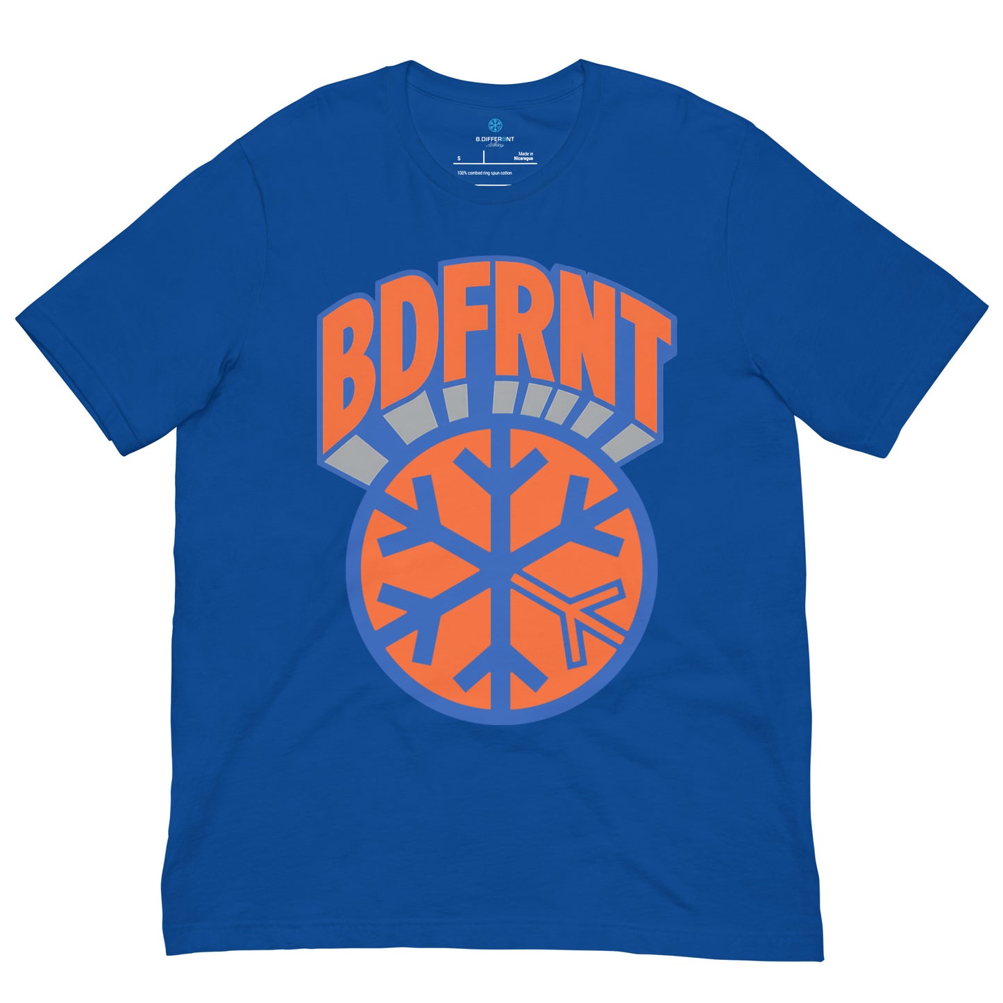 Blue-BDFRNT Logo 1989 Tee from B.Different Clothing, front view, graffiti-inspired streetwear t-shirt