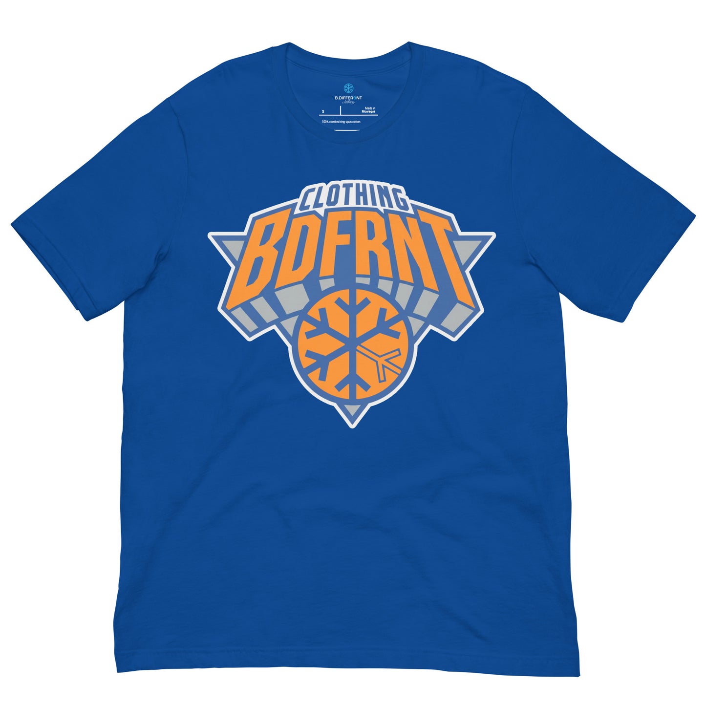 Blue-BDFRNT Logo 2011 Tee from B.Different Clothing, front view, graffiti-inspired streetwear t-shirt