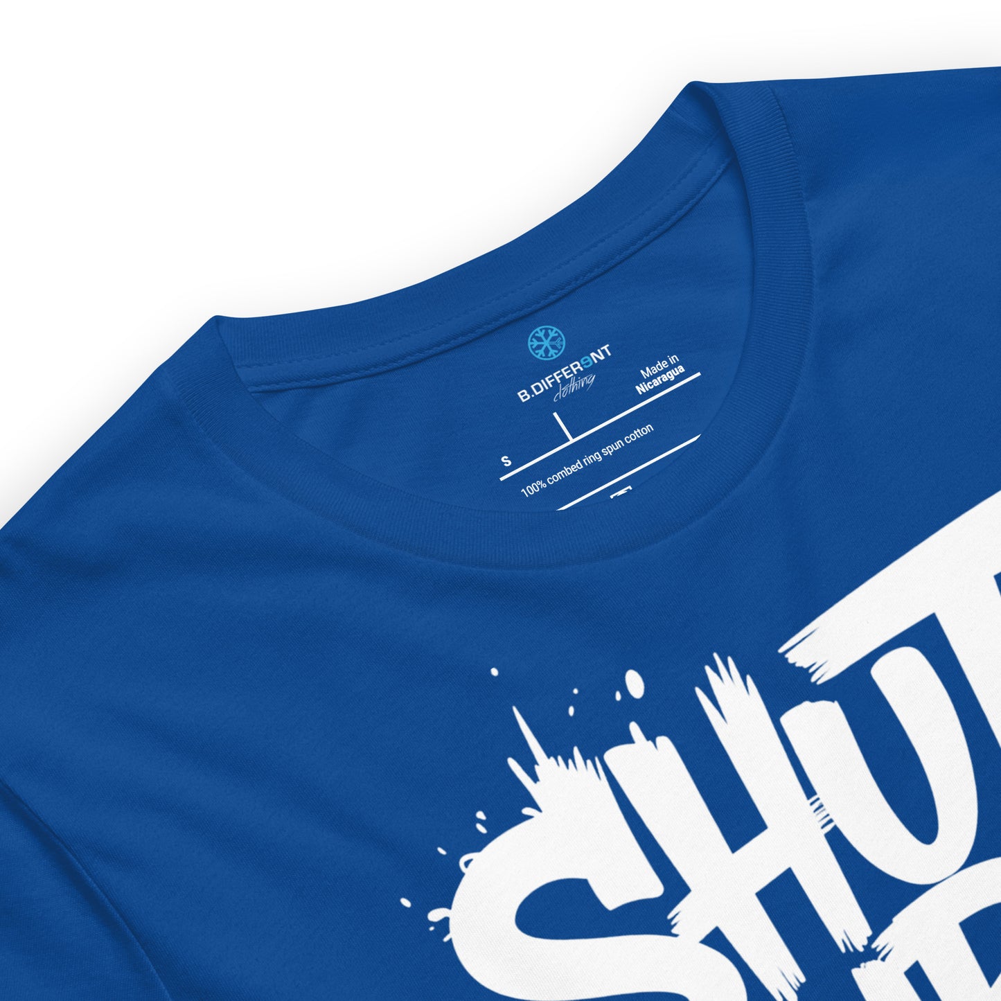 Blue-Shut Up and Paint Graffiti Tee from B.Different Clothing, collar, graffiti-inspired streetwear t-shirt