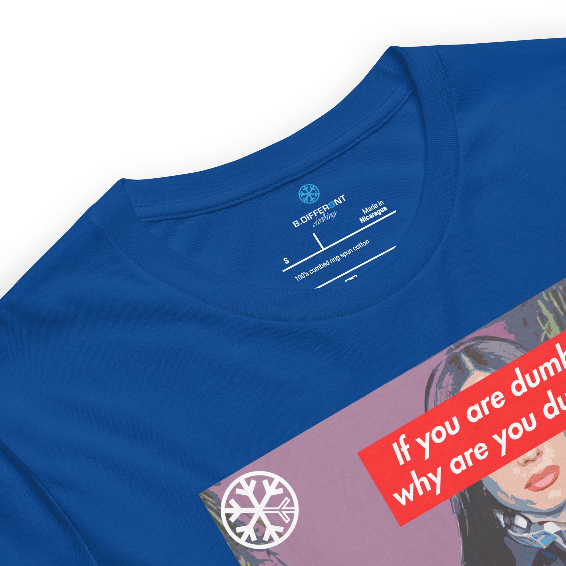 Blue-Why Are You Dumb Tee from B.Different Clothing, collar, graffiti-inspired streetwear t-shirt