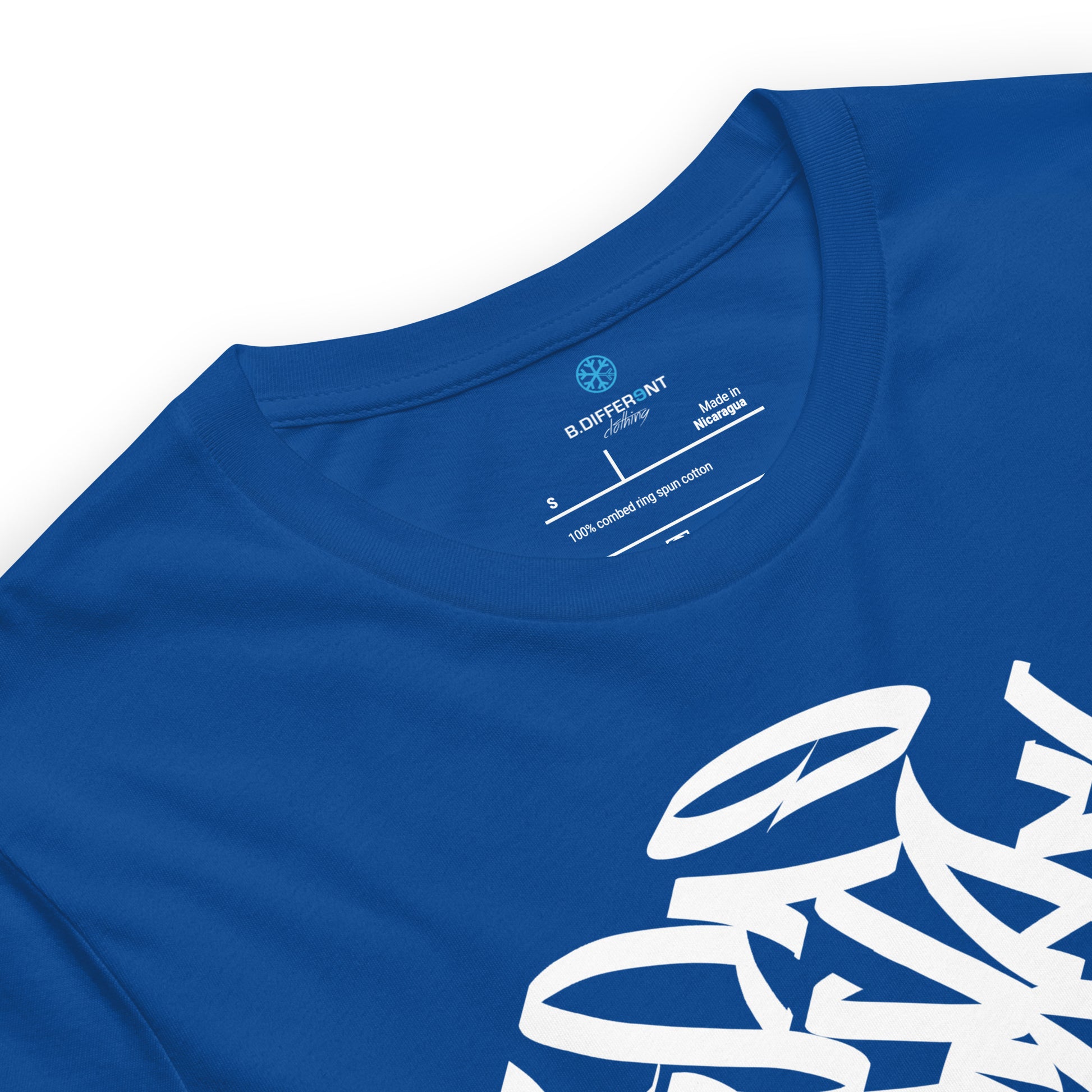 Blue-Stay Weird Graffiti Tag Tee from B.Different Clothing, collar, graffiti-inspired streetwear t-shirt