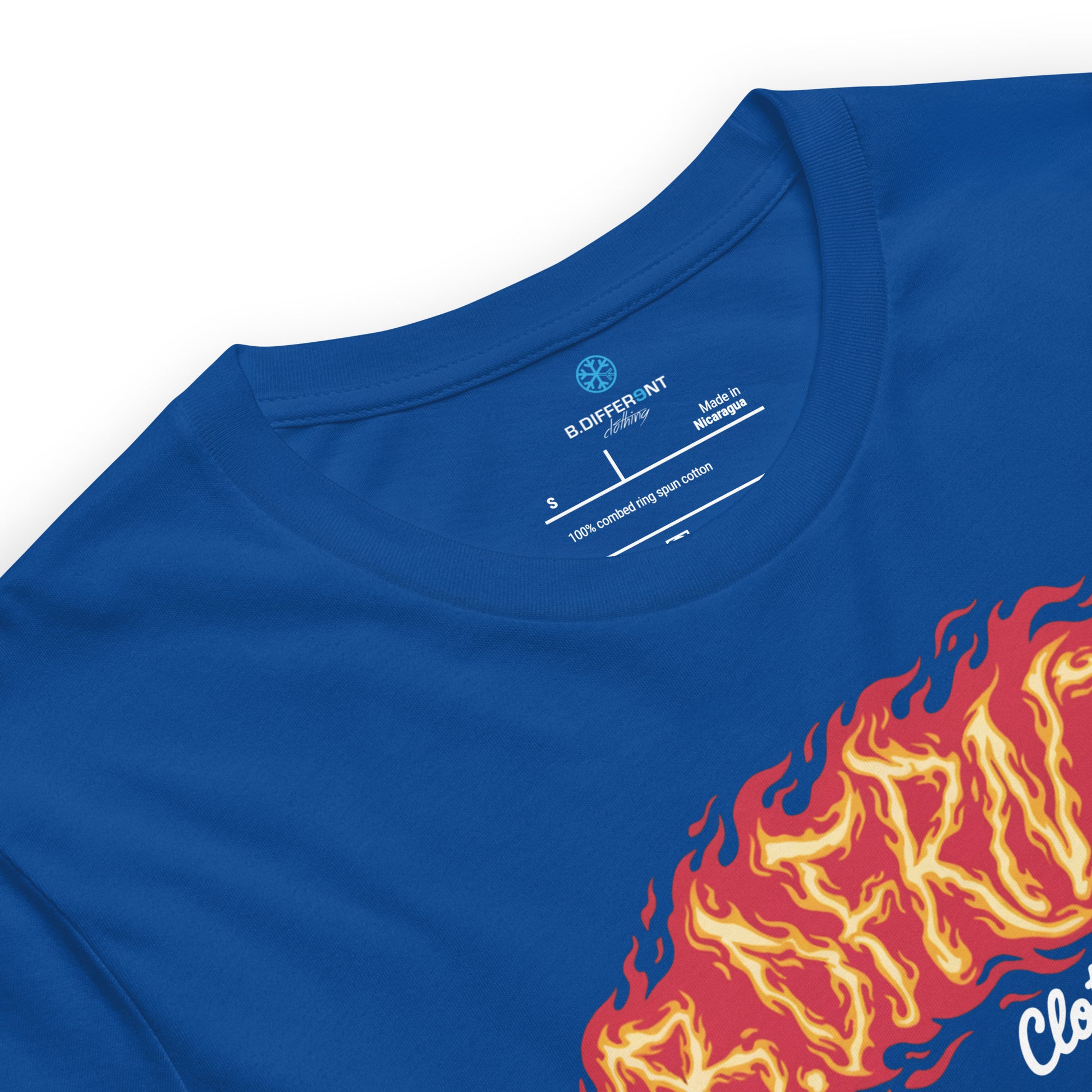 Blue-Molotov Graffiti Tee from B.Different Clothing, collar, graffiti-inspired streetwear t-shirt