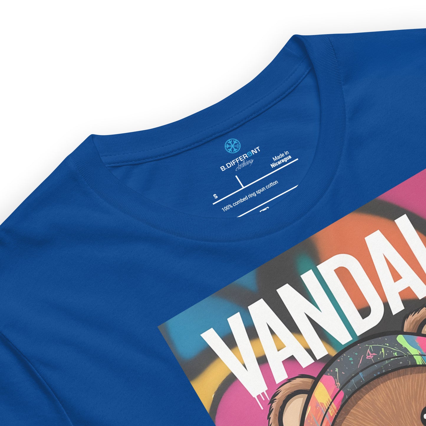 Blue-Vandal Teddy Bear Graffiti Tee from B.Different Clothing, collar, graffiti-inspired streetwear