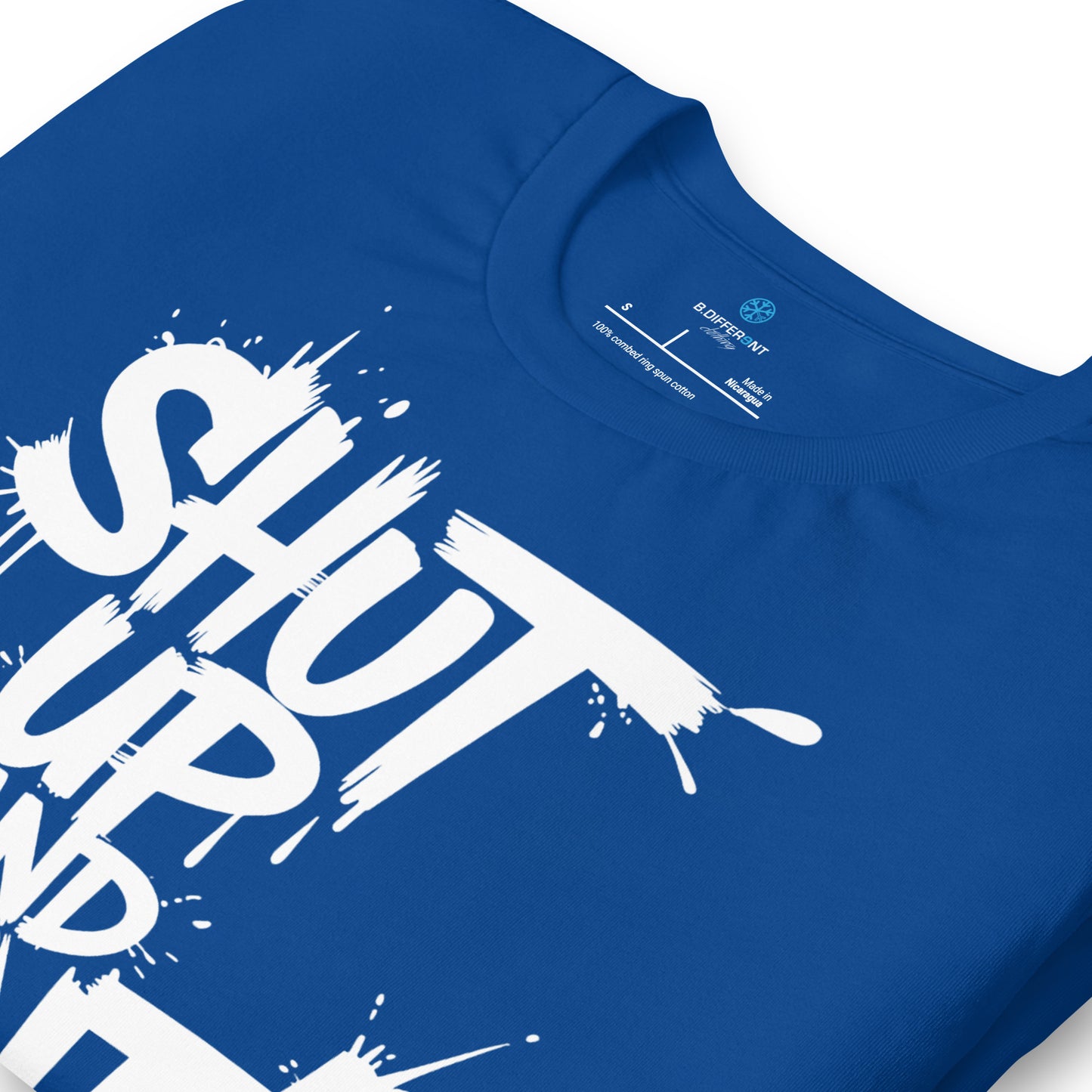 Blue-Shut Up and Paint Graffiti Tee from B.Different Clothing, detail, graffiti-inspired streetwear t-shirt
