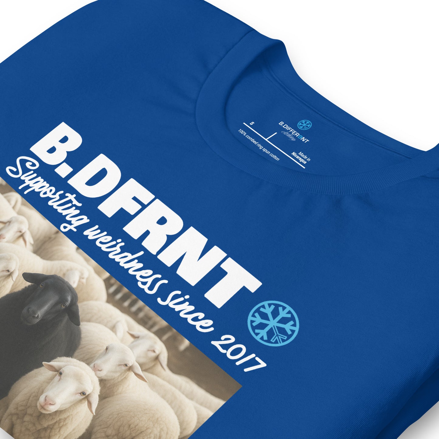 Blue-Black Sheep Tee from B.Different Clothing, detail, graffiti-inspired streetwear t-shirt