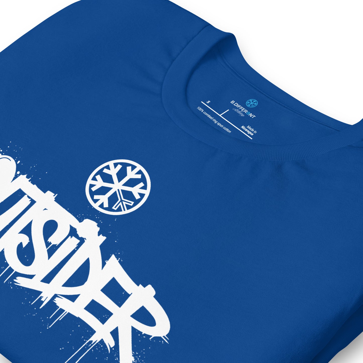 Blue-Outsider Graffiti Tag Tee from B.Different Clothing, detail, graffiti-inspired streetwear t-shirt