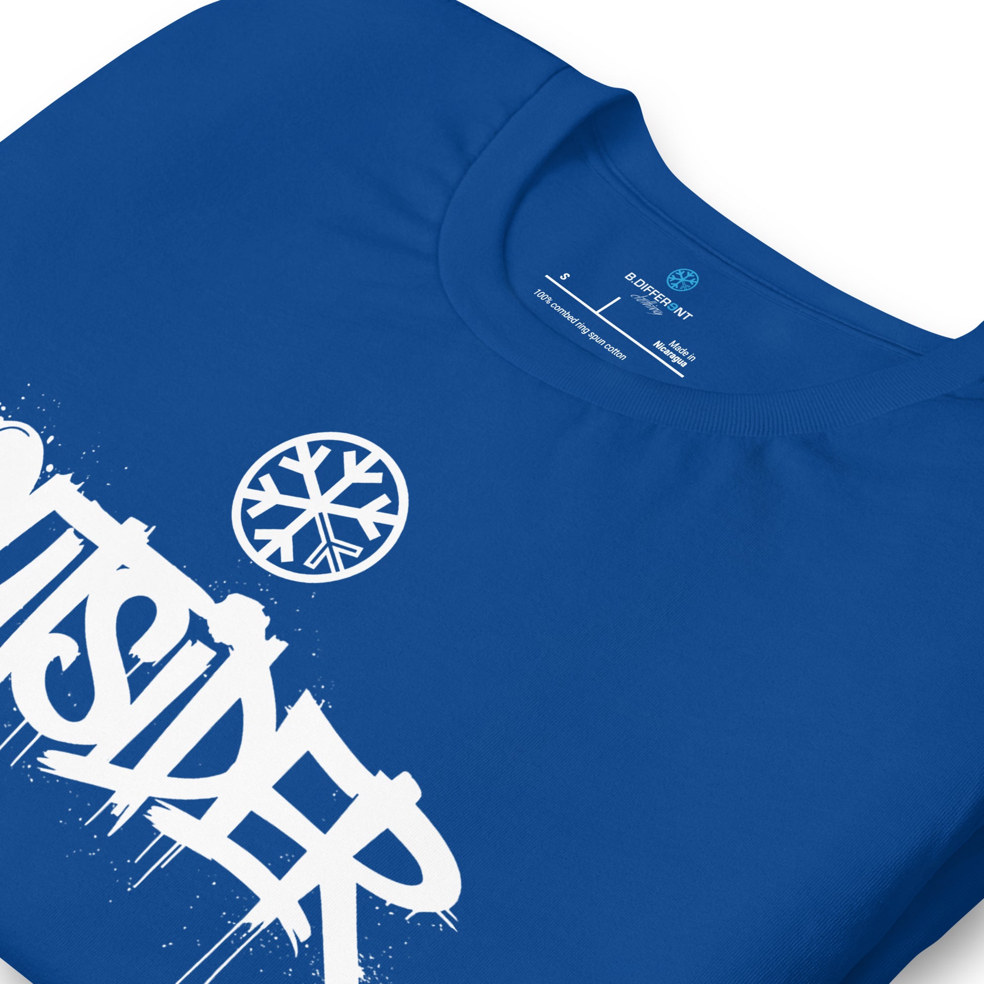 Blue-Outsider Graffiti Tag Tee from B.Different Clothing, detail, graffiti-inspired streetwear t-shirt