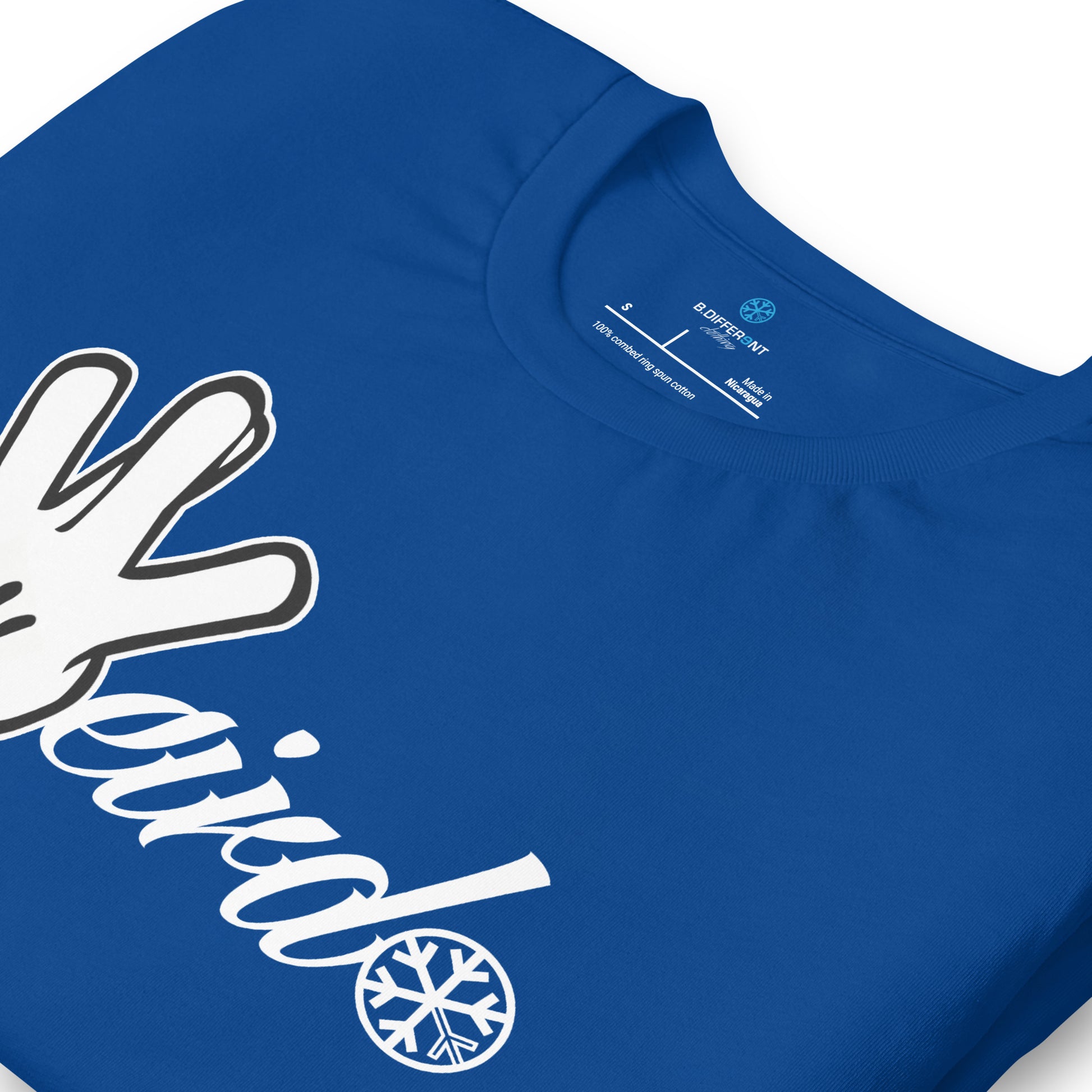 Blue-Weirdo Hand Sign Tee from B.Different Clothing, detail, graffiti-inspired streetwear t-shirt