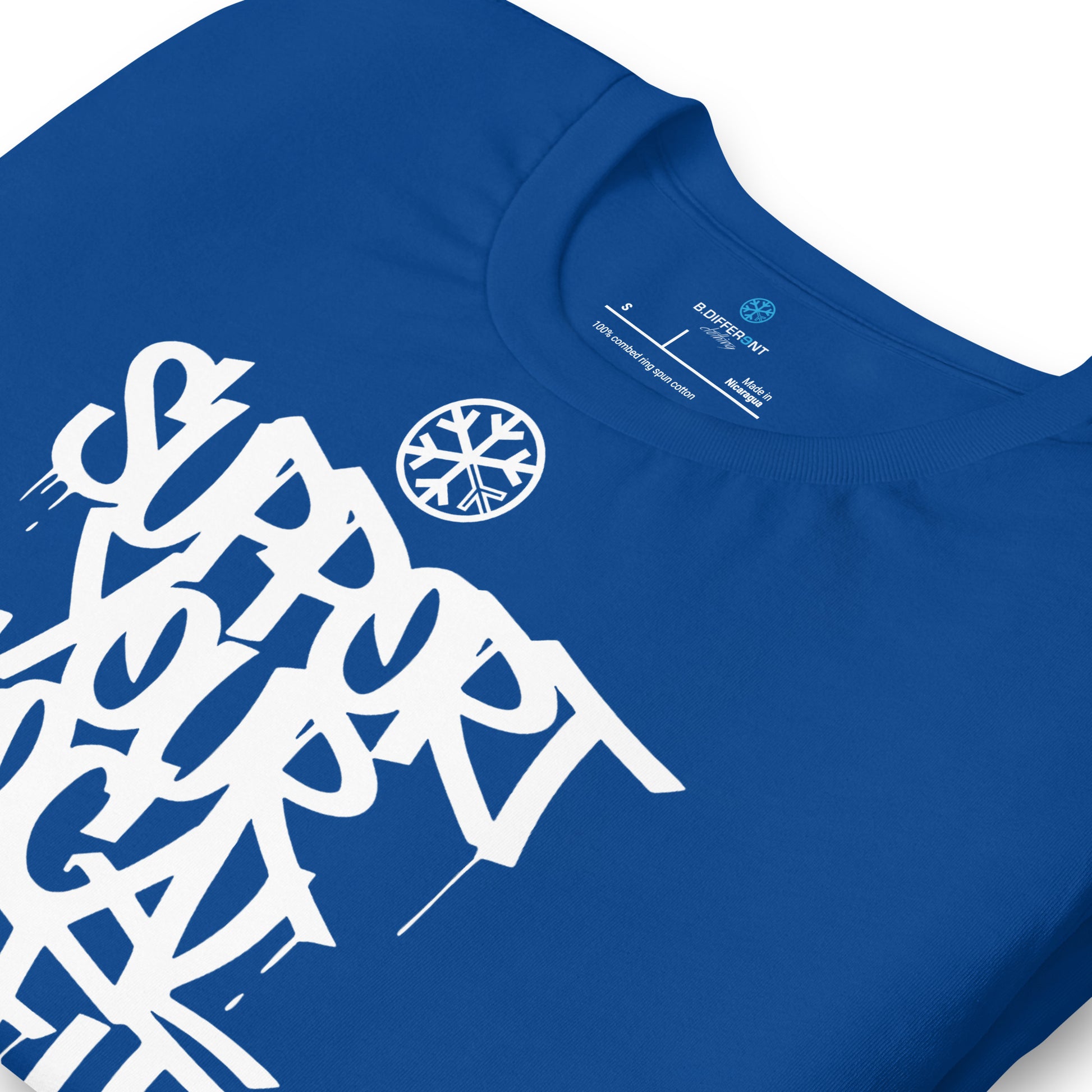 Blue-Support Your Local Graffiti Artists Tee from B.Different Clothing, detail, graffiti-inspired streetwear t-shirt