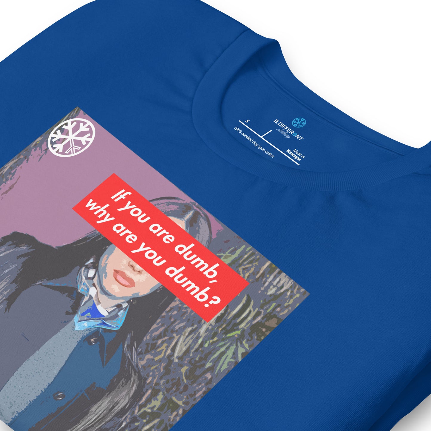 Blue-Why Are You Dumb Tee from B.Different Clothing, detail, graffiti-inspired streetwear t-shirt