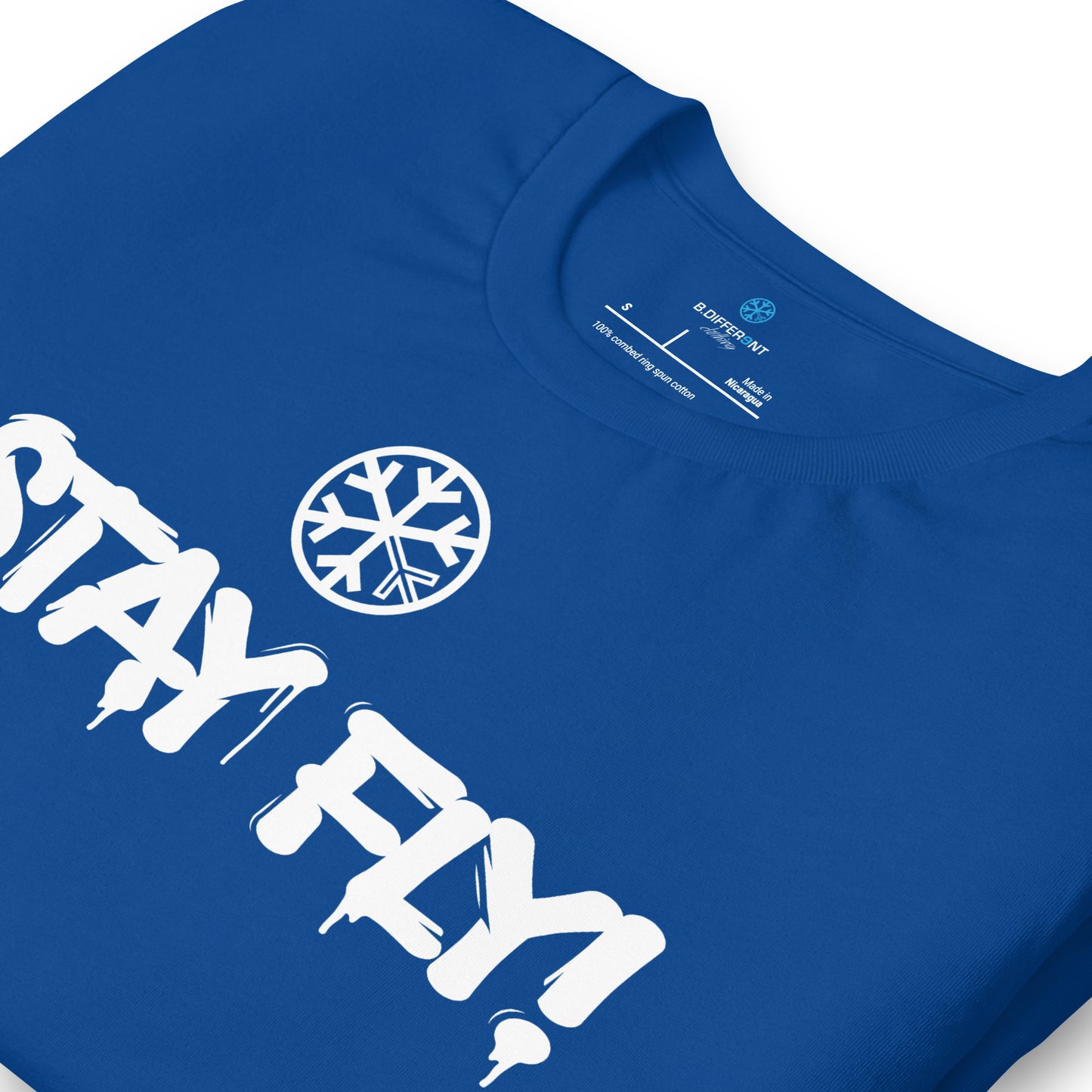 Blue-Stay Fly Graffiti Tag Tee from B.Different Clothing, detail, graffiti-inspired streetwear t-shirt