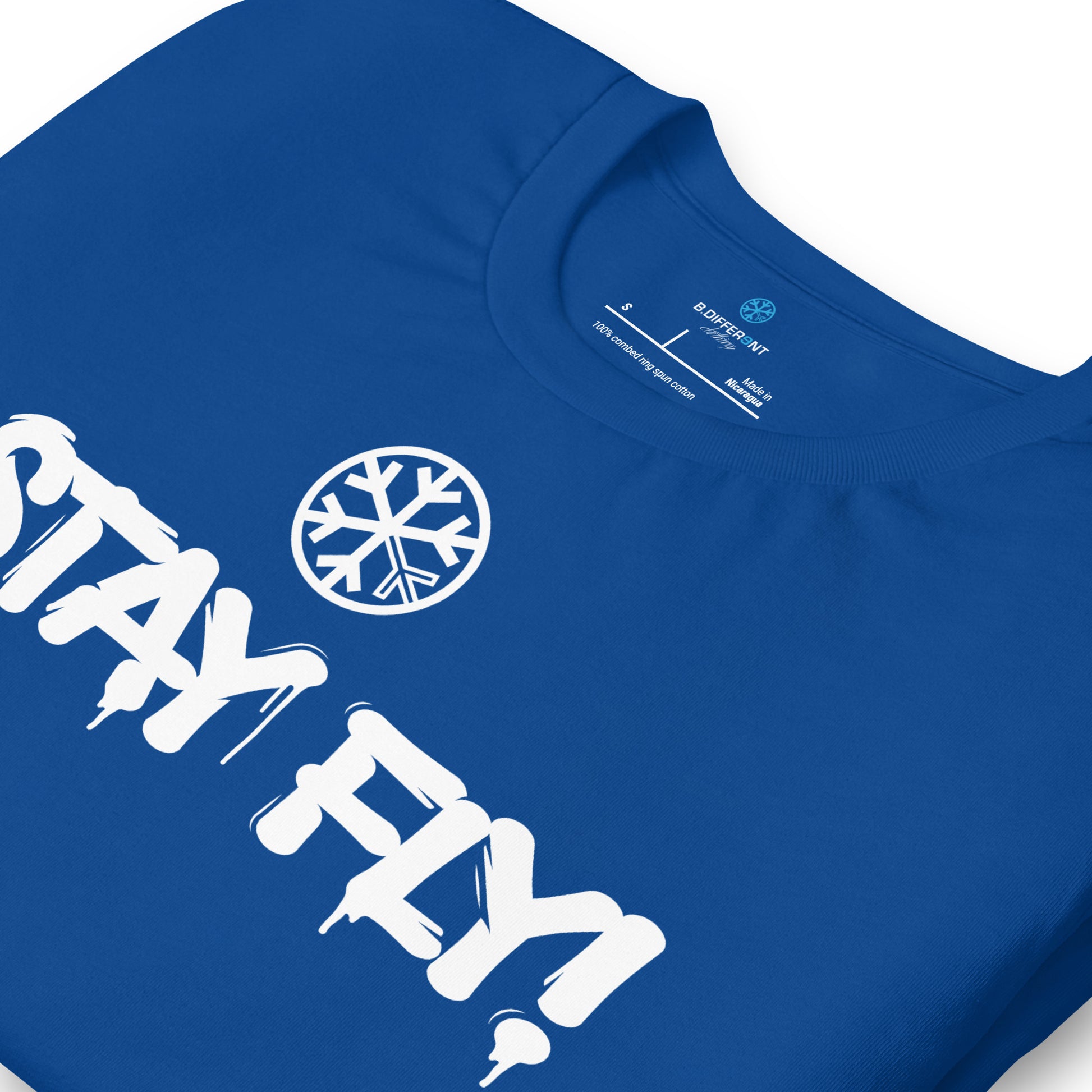 Blue-Stay Fly Graffiti Tag Tee from B.Different Clothing, detail, graffiti-inspired streetwear t-shirt
