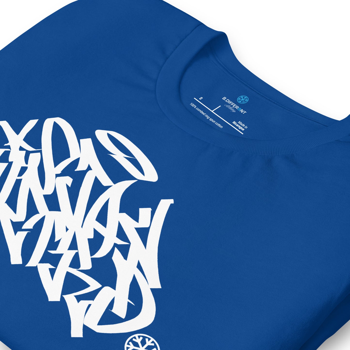 Blue-Stay Weird Graffiti Tag Tee from B.Different Clothing, detail, graffiti-inspired streetwear t-shirt