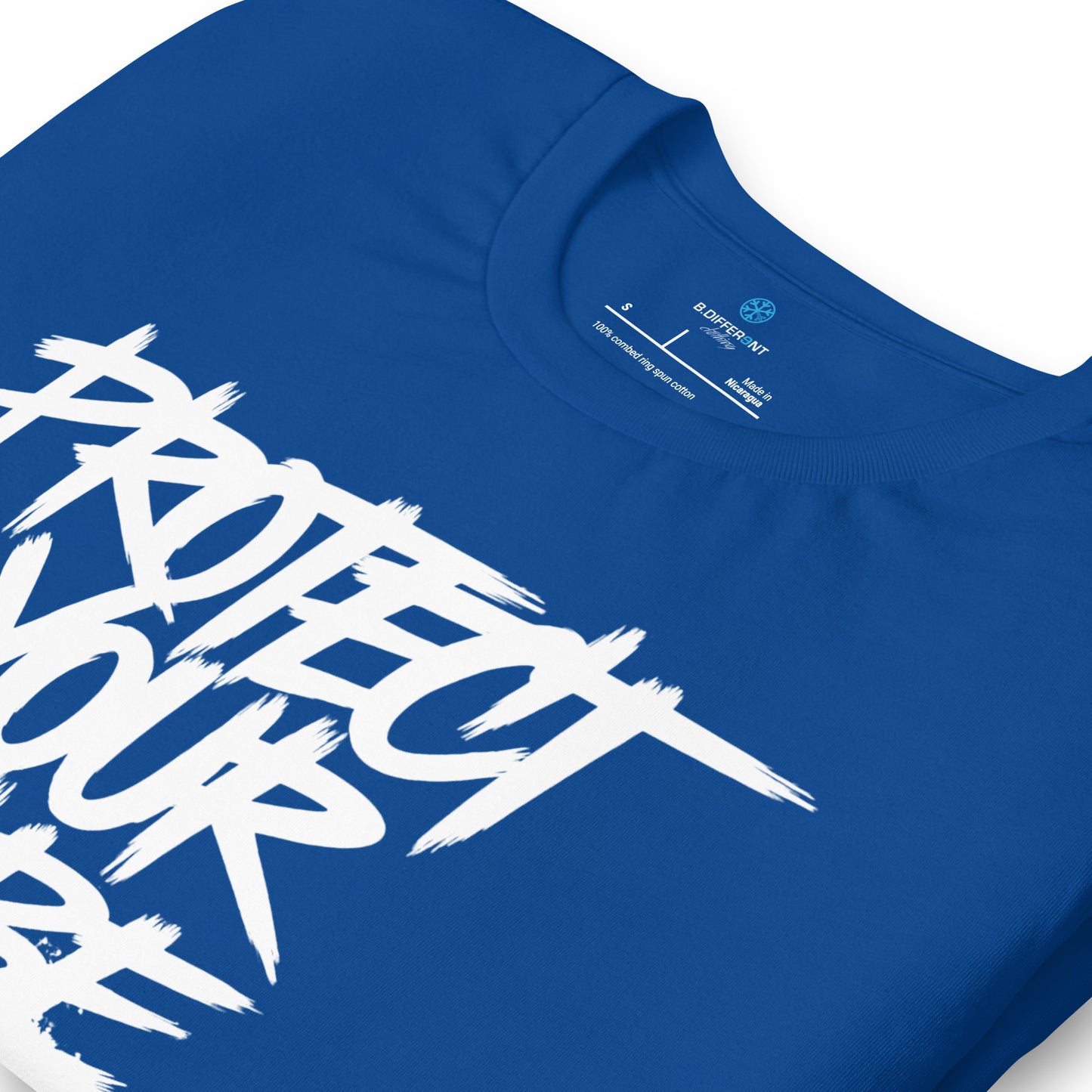 Blue-Protect Your Vibe Graffiti Tag Tee from B.Different Clothing, detail, graffiti-inspired streetwear t-shirt