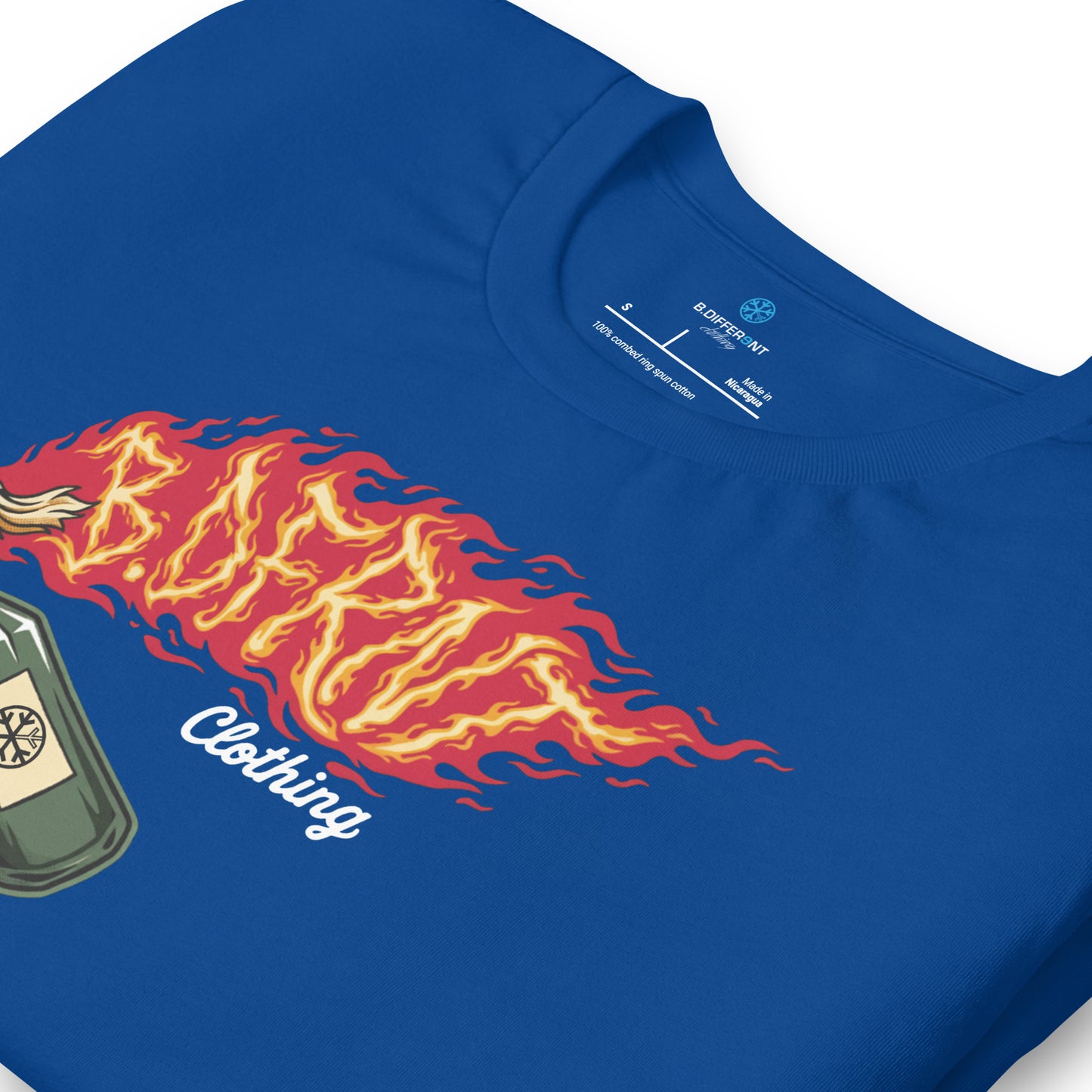 Blue-Molotov Graffiti Tee from B.Different Clothing, detail, graffiti-inspired streetwear t-shirt