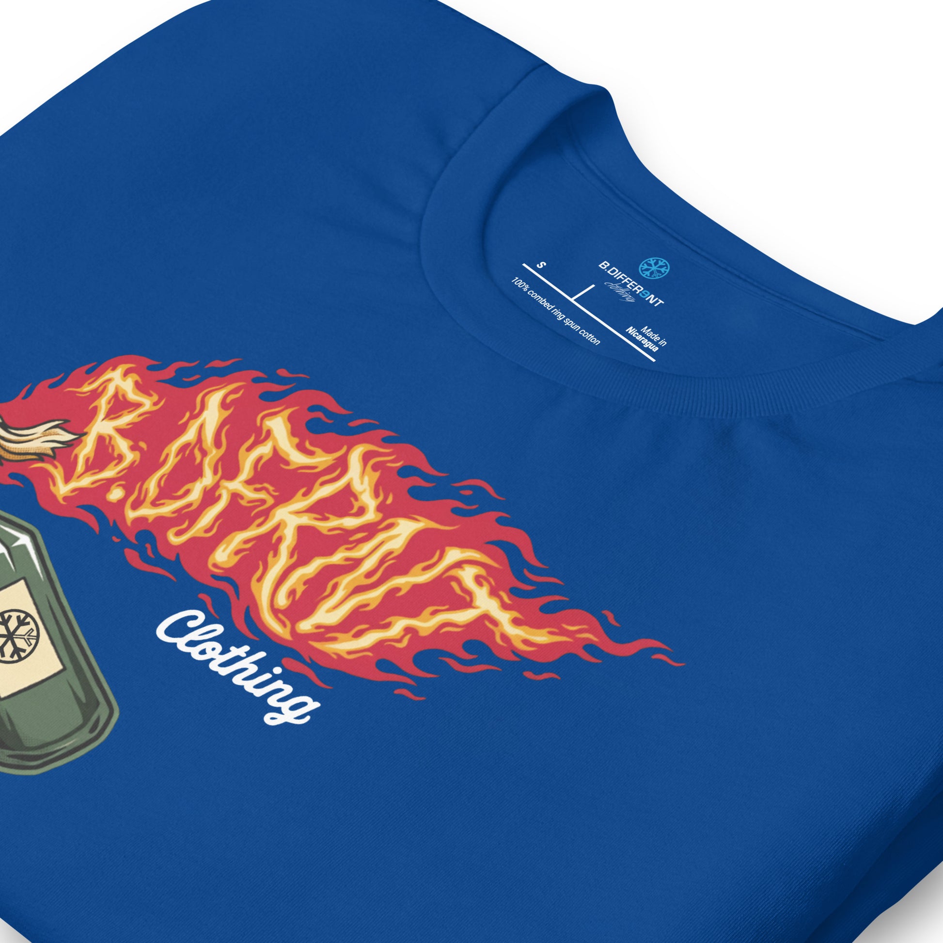Blue-Molotov Graffiti Tee from B.Different Clothing, detail, graffiti-inspired streetwear t-shirt