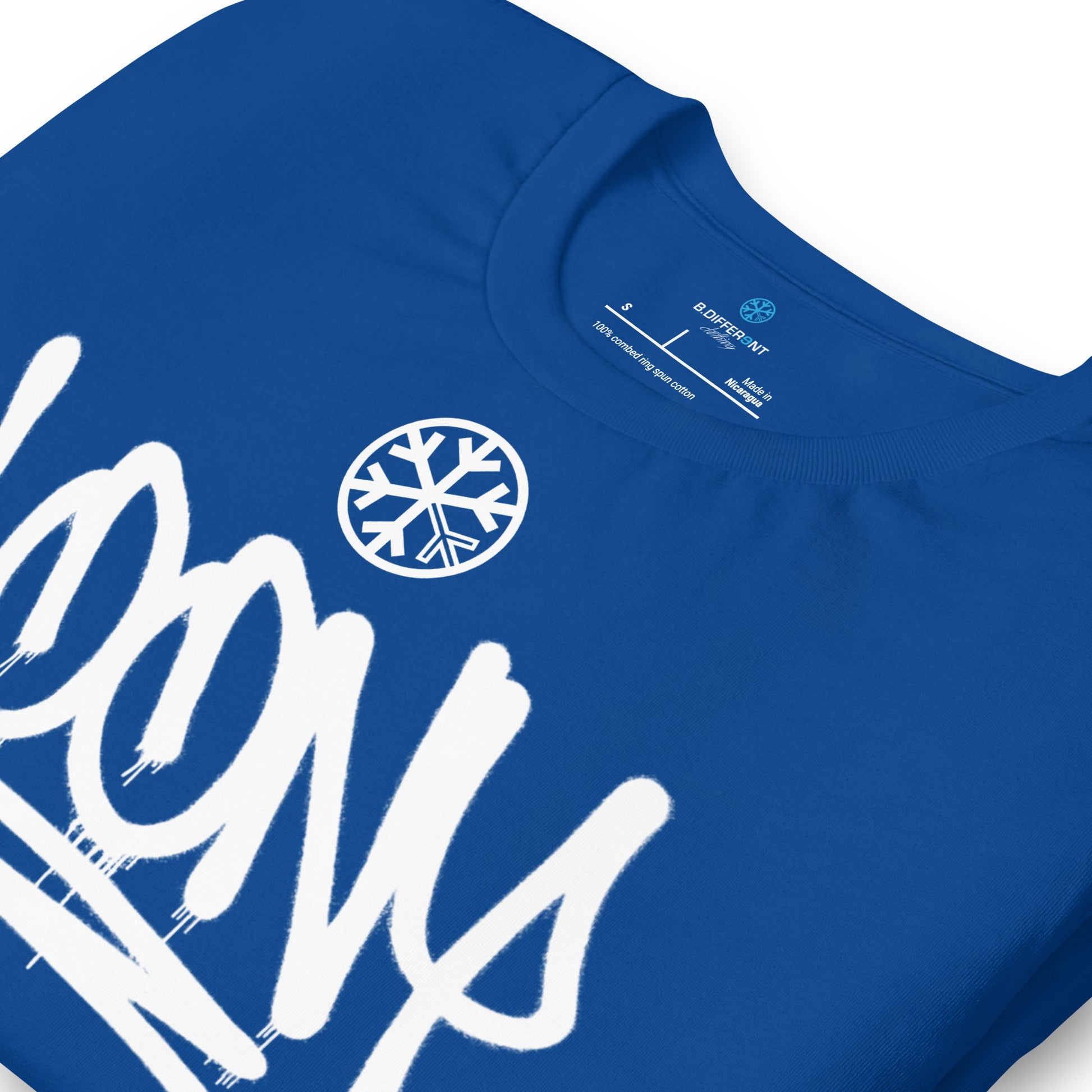 Blue-Loony Graffiti Tag Tee from B.Different Clothing, detail, graffiti-inspired streetwear t-shirt