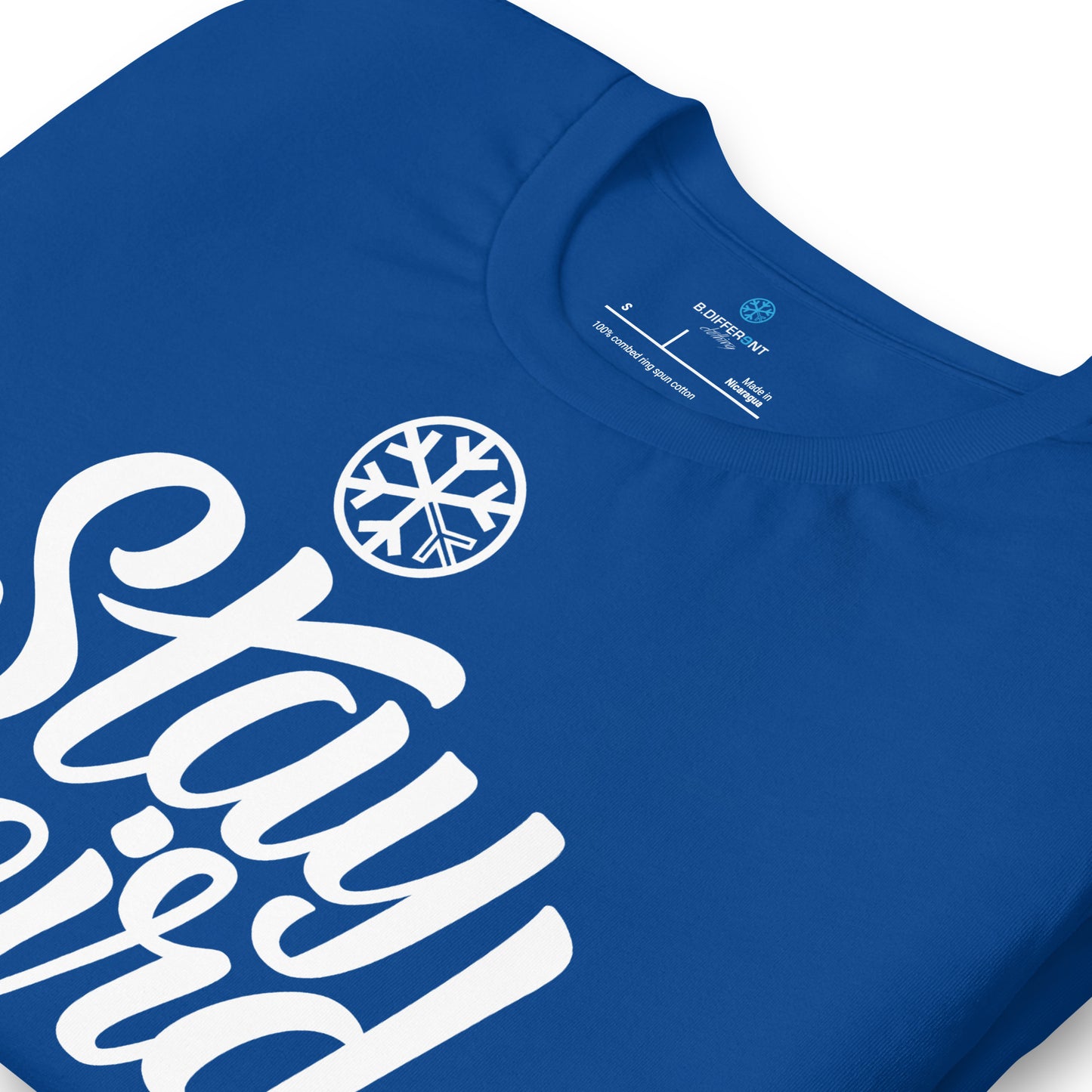 Blue-Stay Weird Tee from B.Different Clothing, detail, graffiti-inspired streetwear t-shirt