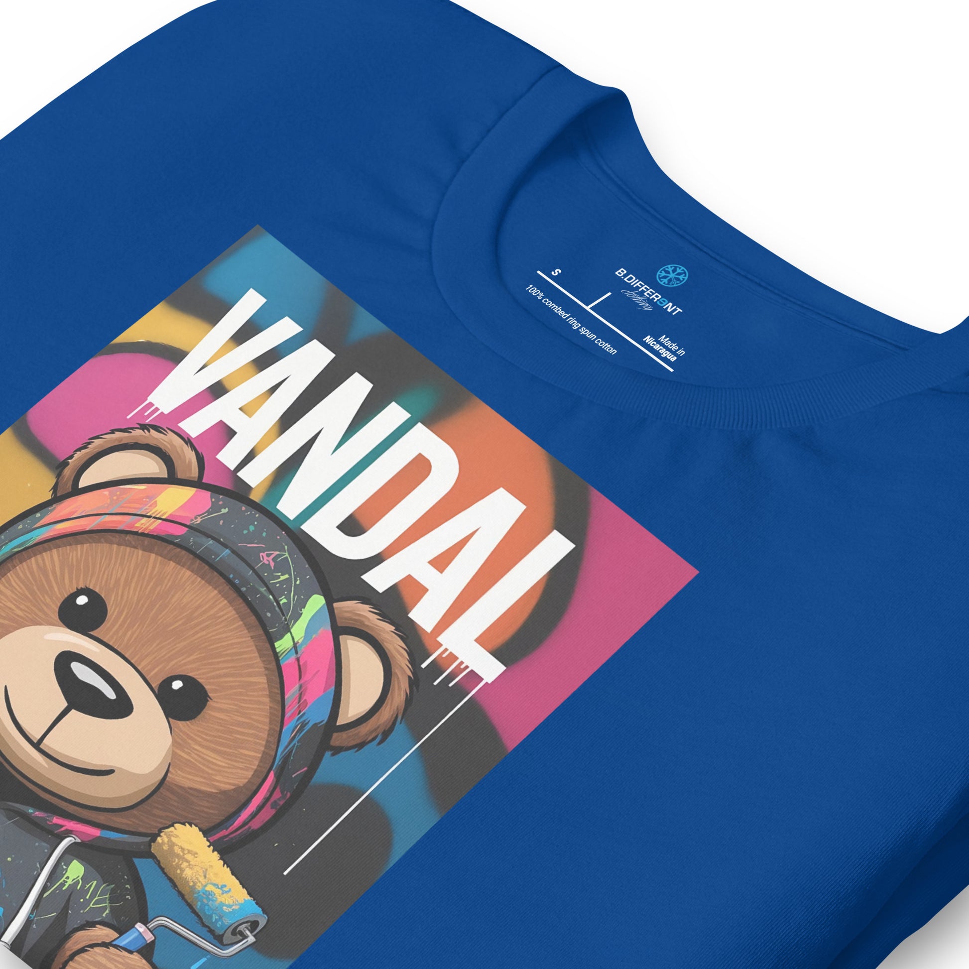 Blue-Vandal Teddy Bear Graffiti Tee from B.Different Clothing, detail, graffiti-inspired streetwear