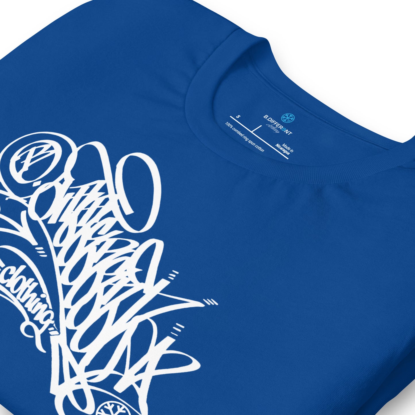 Blue-B.Different Clothing Graffiti Tag Tee from B.Different Clothing, detail, graffiti-inspired streetwear t-shirt