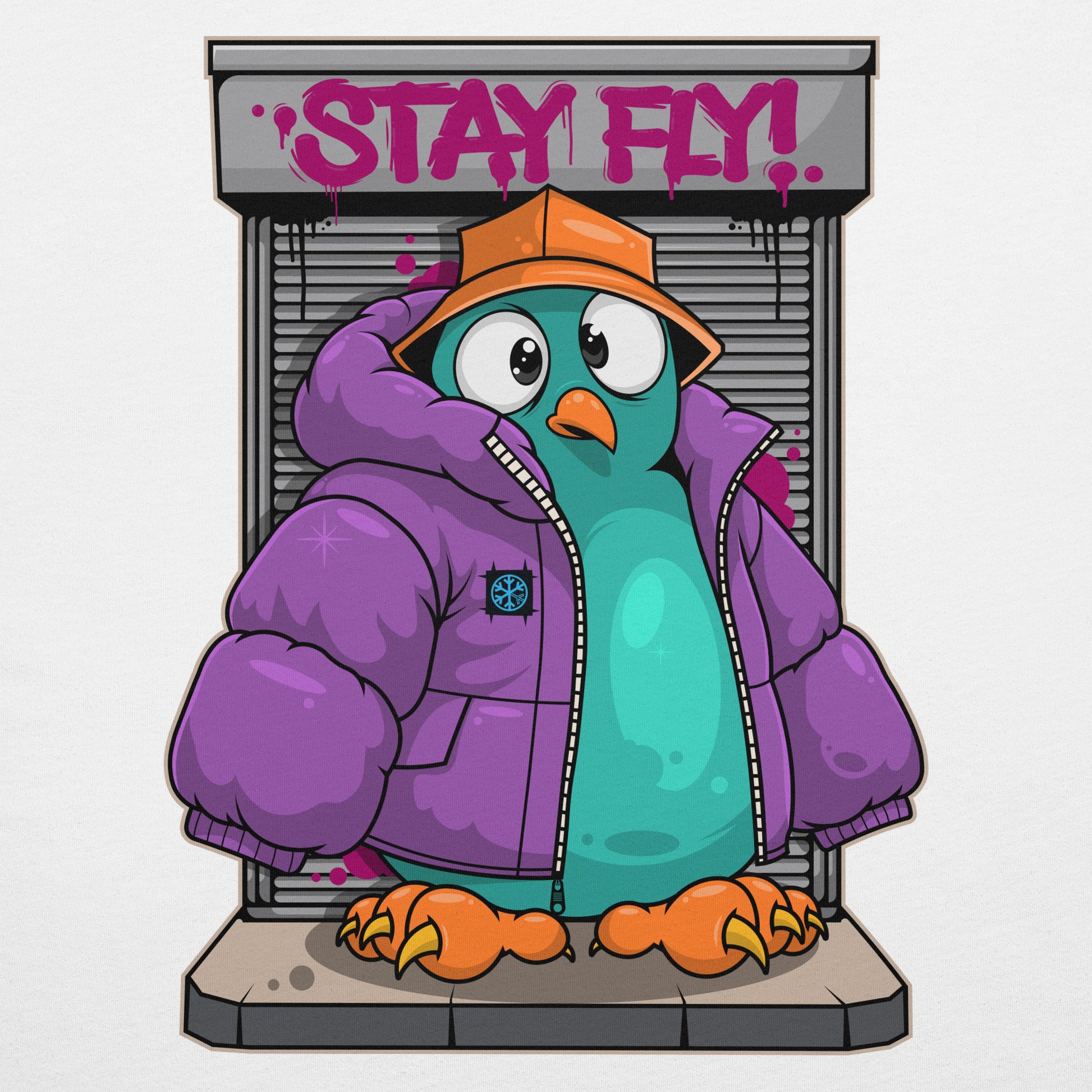 White-Stay Fly Graffiti Character Tee from B.Different Clothing, graphic, graffiti-inspired streetwear t-shirt