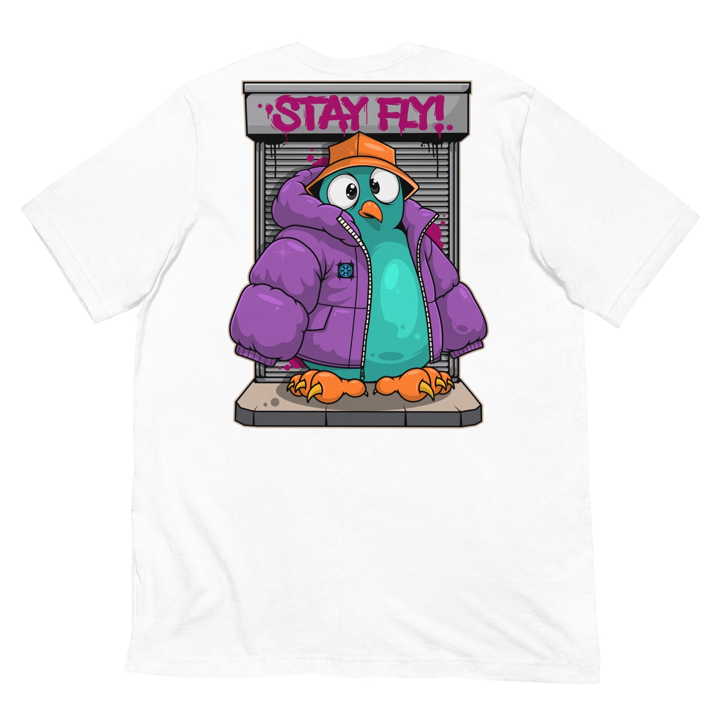 White-Stay Fly Graffiti Character Tee from B.Different Clothing, back view, graffiti-inspired streetwear t-shirt