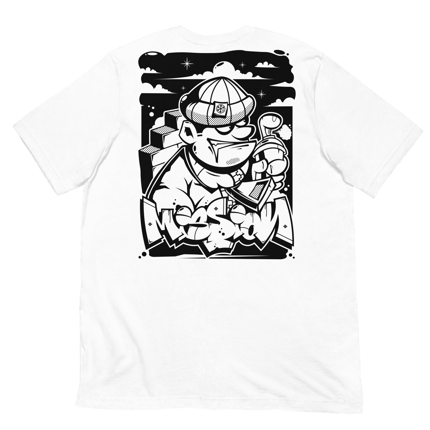 White-Mission Graffiti Character Tee from B.Different Clothing, back view, graffiti-inspired streetwear t-shirt