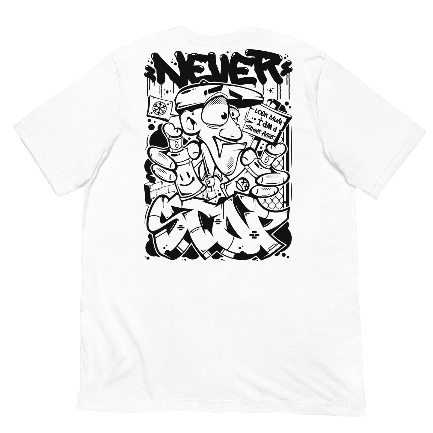White-Never Stop Graffiti Character Tee from B.Different Clothing, back view, graffiti-inspired streetwear t-shirt