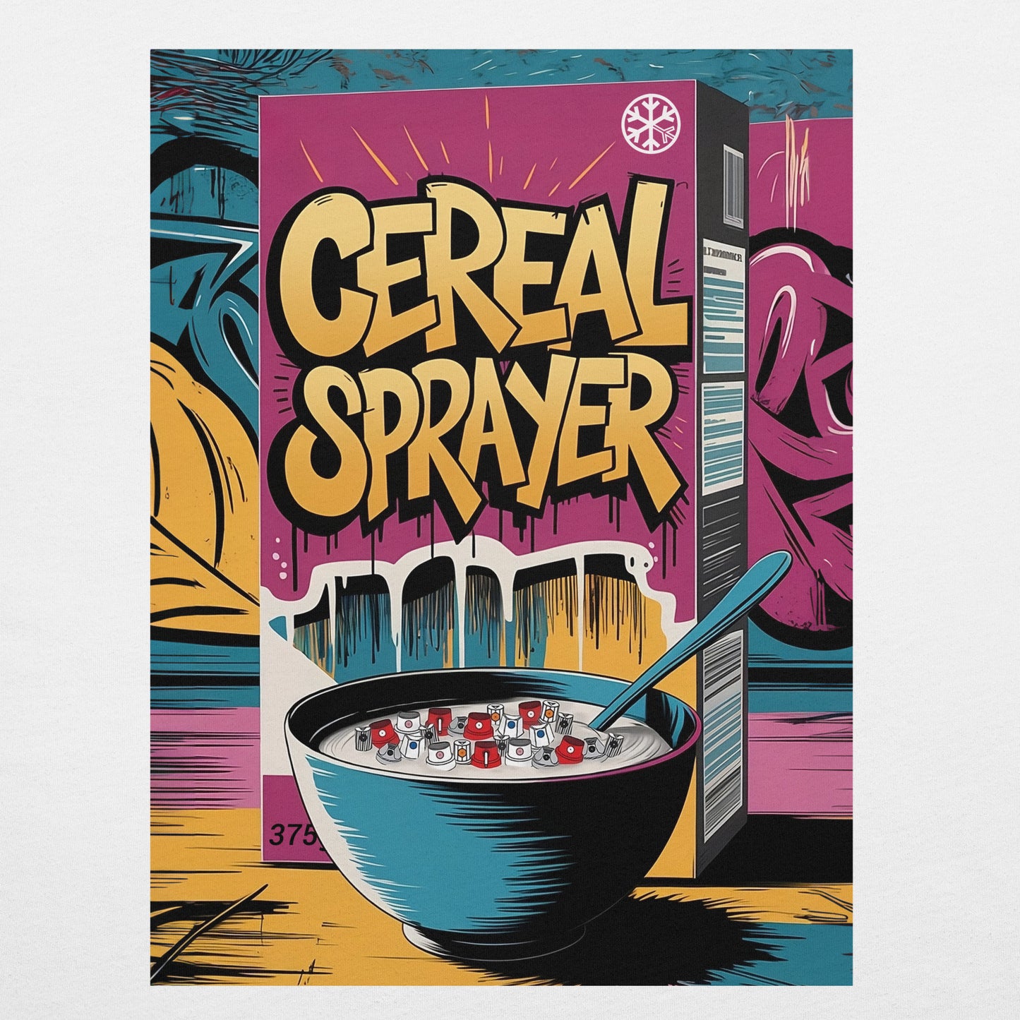 White-Cereal Sprayer Graffiti Tee from B.Different Clothing, graphic, graffiti-inspired streetwear t-shirt