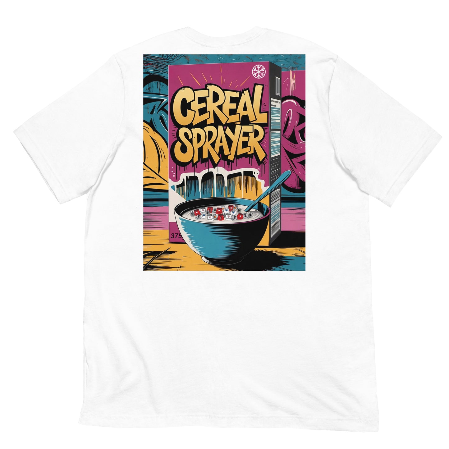 White-Cereal Sprayer Graffiti Tee from B.Different Clothing, back view, graffiti-inspired streetwear t-shirt