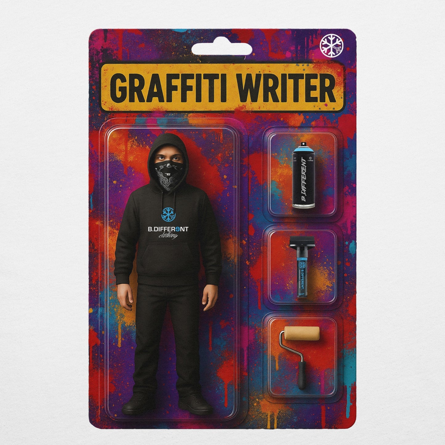 White-Graffiti Artist Action Figure Tee from B.Different Clothing, graphic, graffiti-inspired streetwear t-shirt