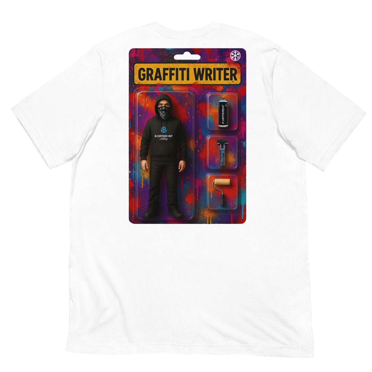 White-Graffiti Artist Action Figure Tee from B.Different Clothing, back view, graffiti-inspired streetwear t-shirt