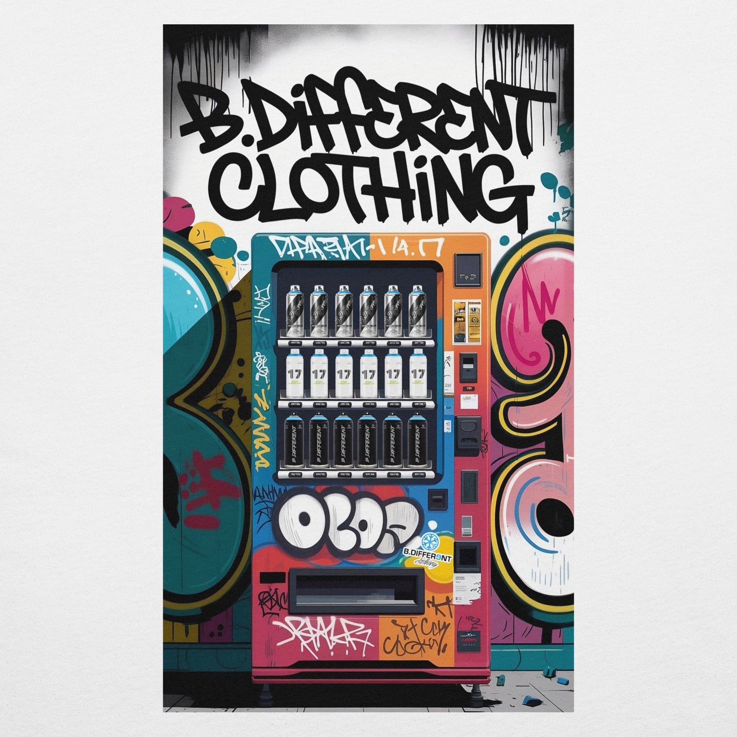 White-Graffiti Vending Machine Tee from B.Different Clothing, graphic, graffiti-inspired streetwear t-shirt