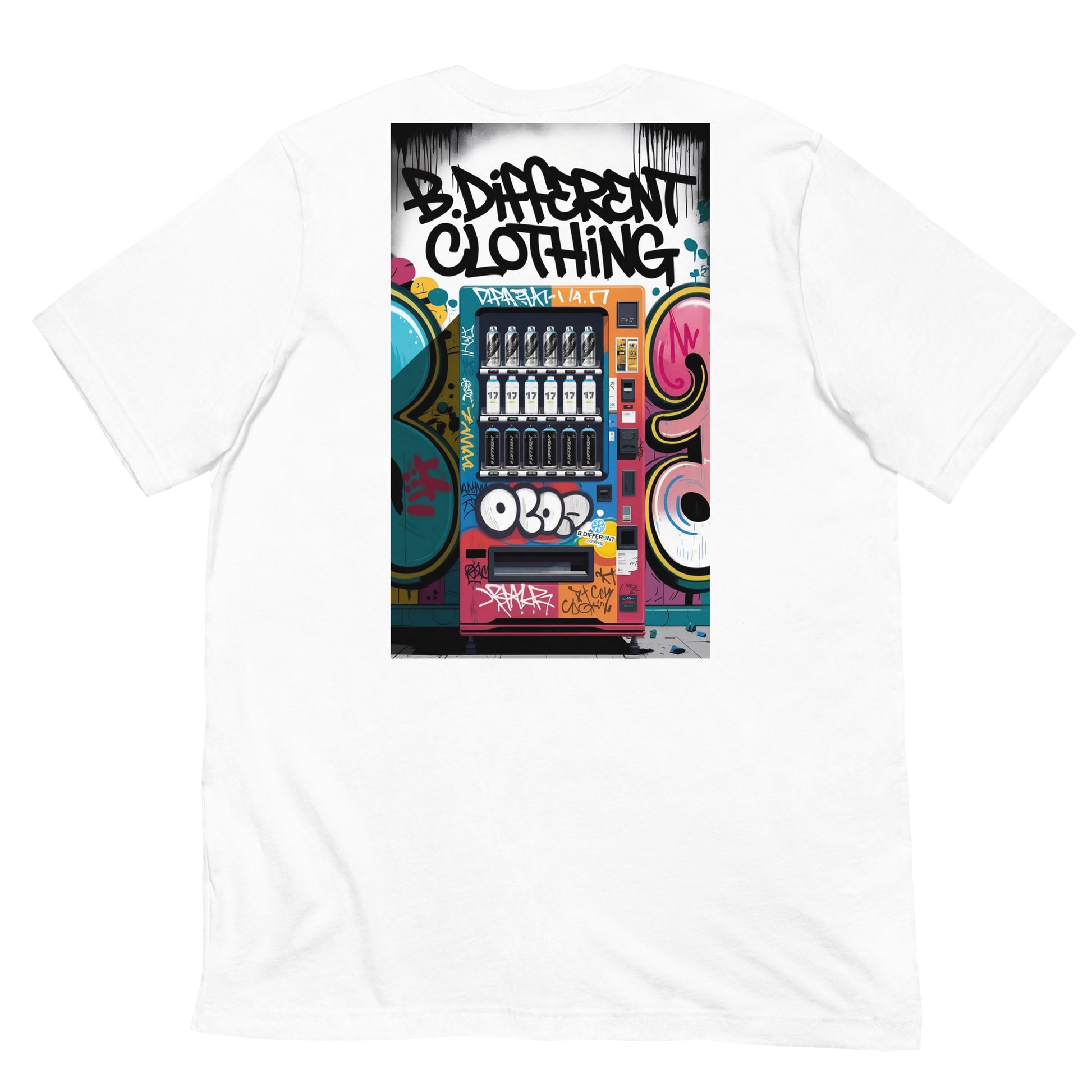 White-Graffiti Vending Machine Tee from B.Different Clothing, back view, graffiti-inspired streetwear t-shirt