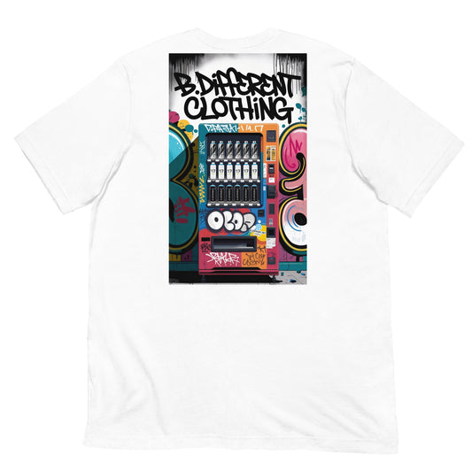 White-Graffiti Vending Machine Tee from B.Different Clothing, back view, graffiti-inspired streetwear t-shirt