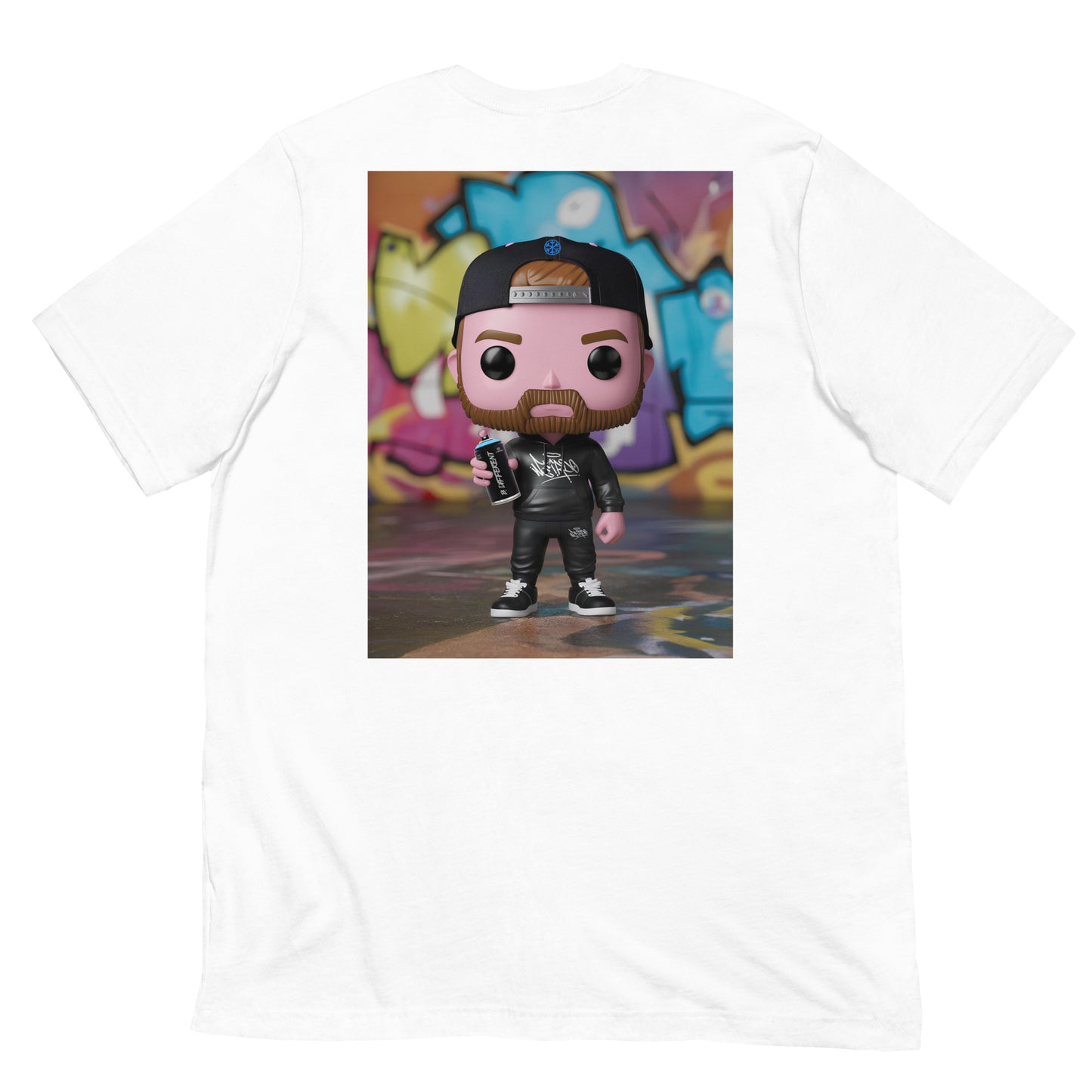 White-Graffiti Artist Vinyl Figure Tee from B.Different Clothing, back view, graffiti-inspired streetwear t-shirt