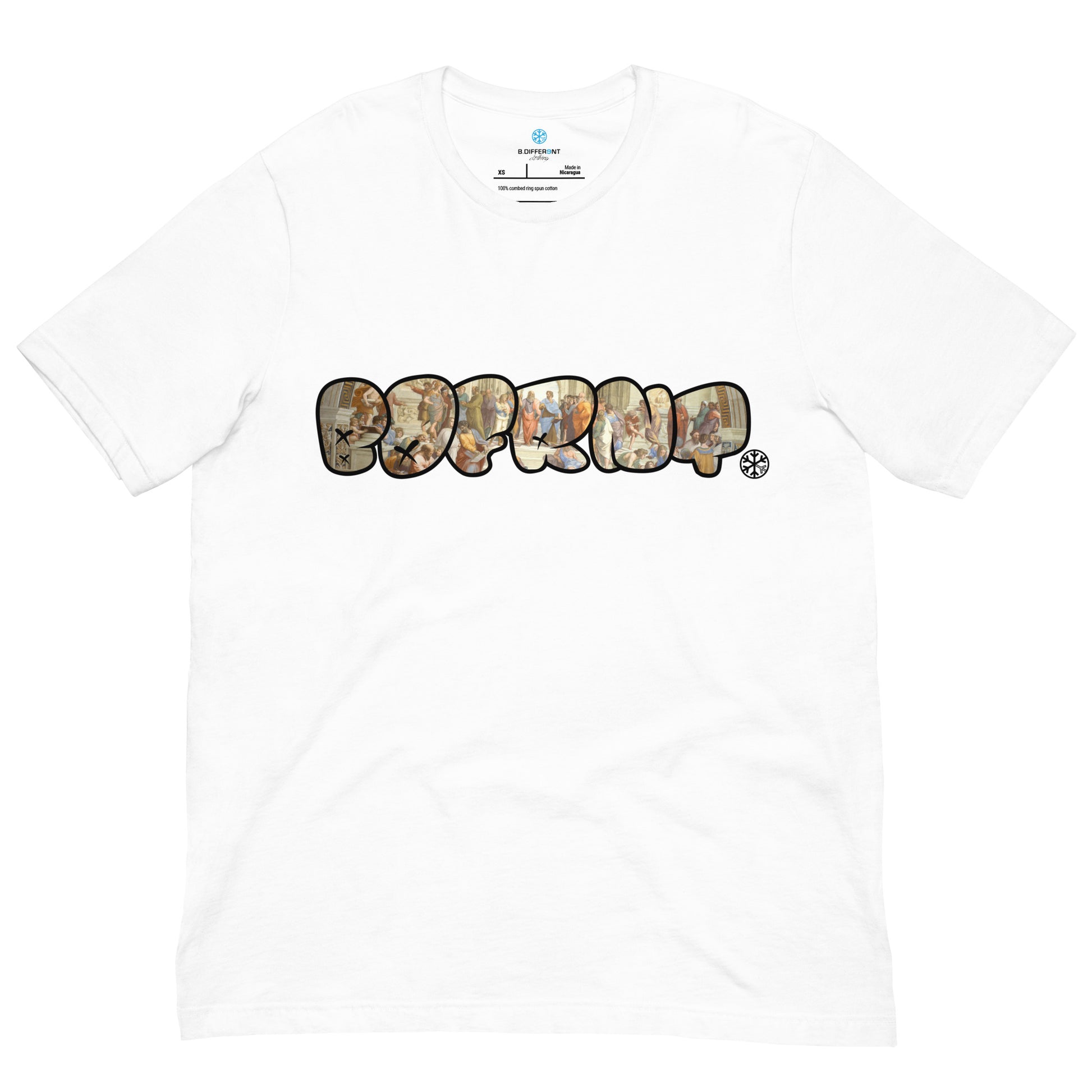 White-BDFRNT Throwie x School of Athens Graffiti Tee from B.Different Clothing, front view, graffiti-inspired streetwear t-shirt