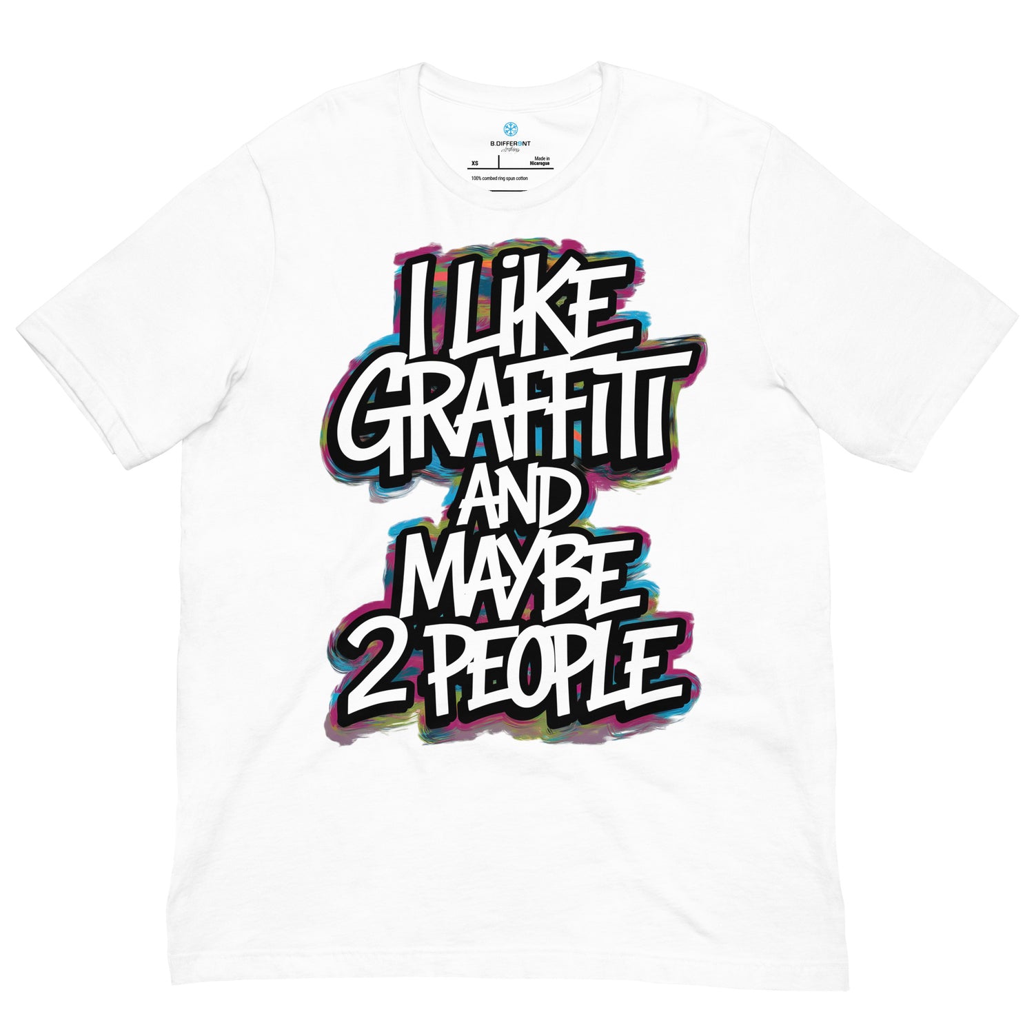 White-I Like Graffiti and Maybe 2 People Tee from B.Different Clothing, front view, graffiti-inspired streetwear t-shirt
