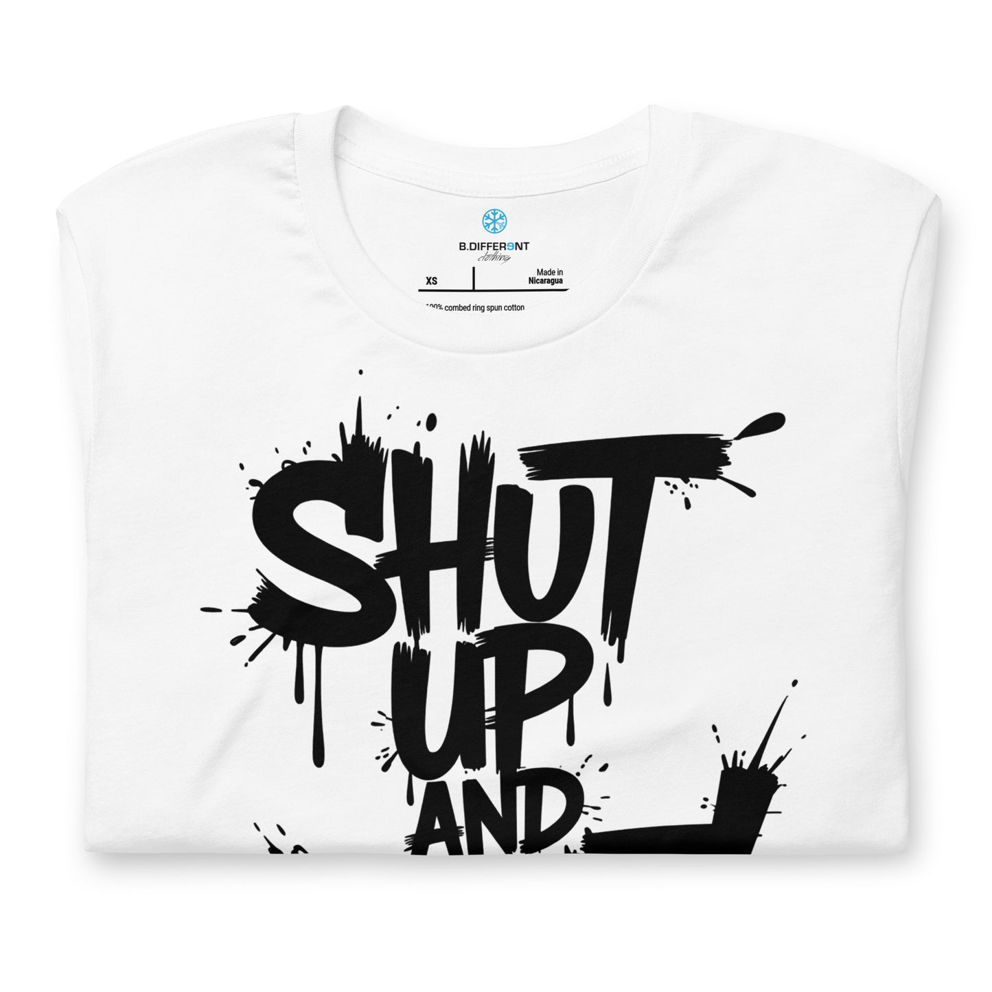 White-Shut Up and Paint Graffiti Tee from B.Different Clothing, folded, graffiti-inspired streetwear t-shirt