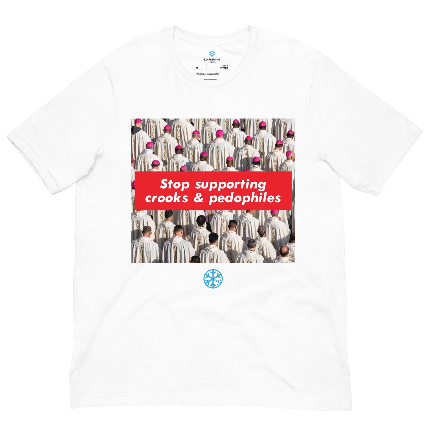 White-Vatican Crooks Tee from B.Different Clothing, front view, graffiti-inspired streetwear t-shirt